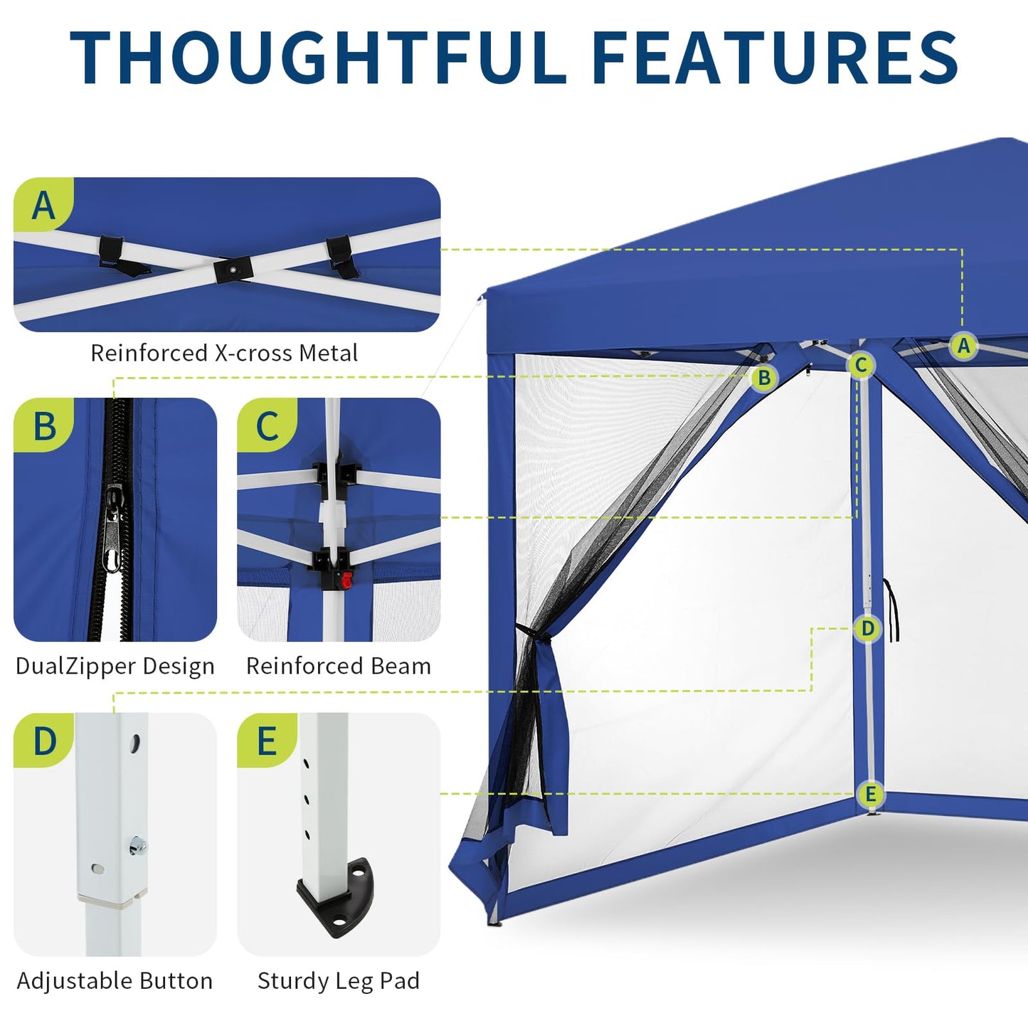 GarveeLife 8 ft x8 ft Instant Pop-Up Canopy Tent with Removable Mosquito Netting & 2 Zipper Doors, Portable Outdoor Shelter for Camping, Backyard, Picnic - Includes Wheeled Carry Bag (Blue)