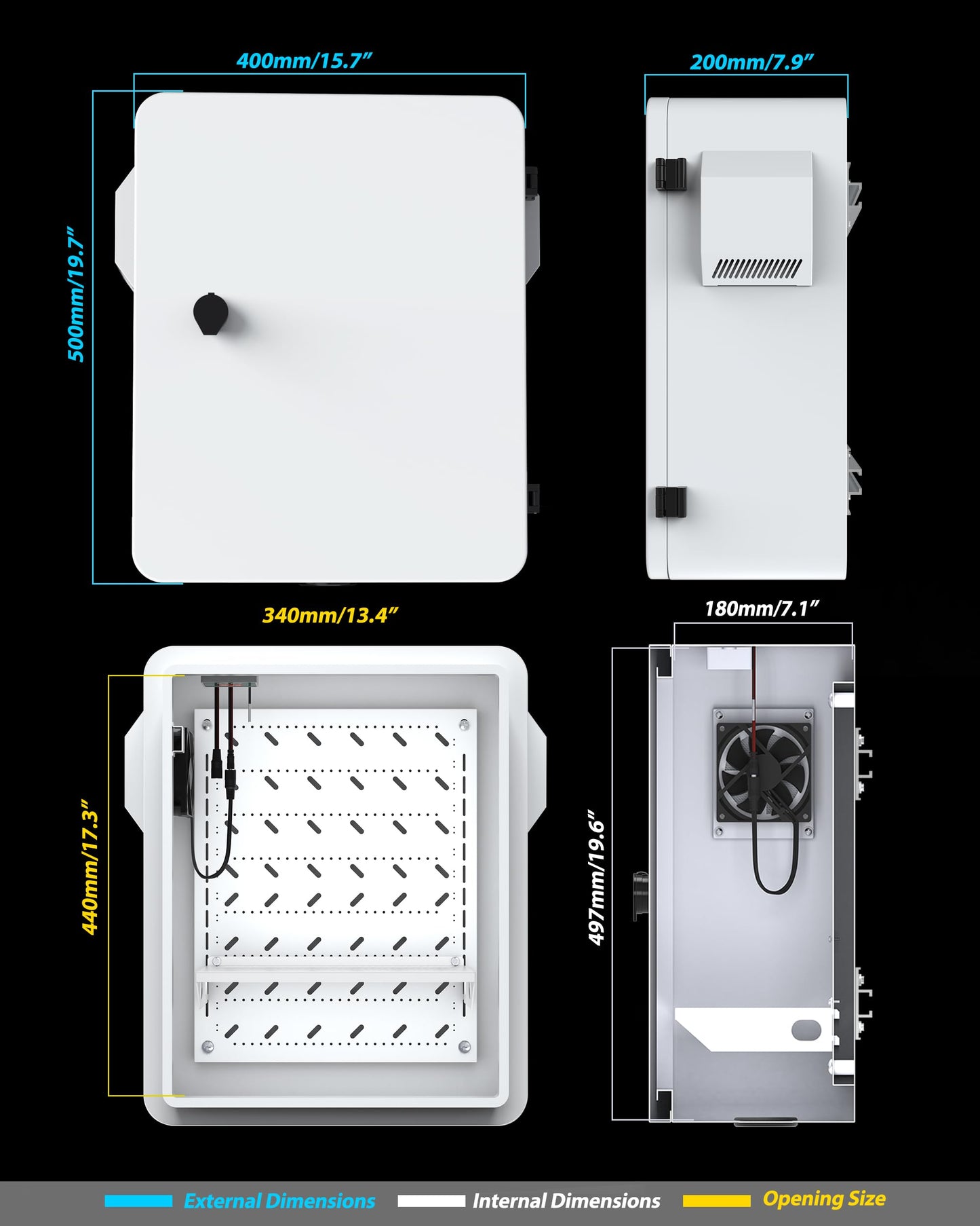 Akwscyby Outdoor Electrical Box with Thermostat and Fan, Precise Temperature Control 0.1°F, IP65 Water Resistant Rating, Galvanized Steel, Aluminum Rear Beam(19.7" x 17.7" x 7.9")