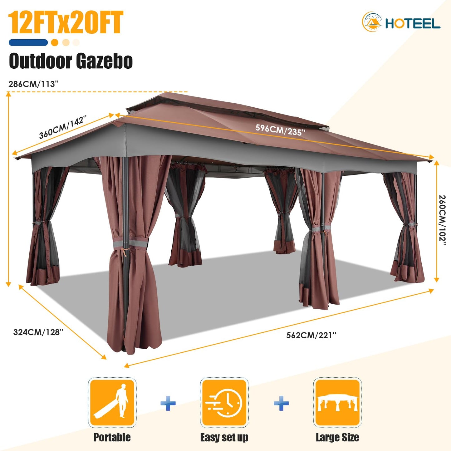 HOTEEL Gazebo 12x20, Outdoor Gazebo on Clearance with Double Ventilated Arc Roof, Privacy Curtains & Mosquito Netting, Easy Set up Canopy Tent with Stable Metal Frame for Patio, Brown