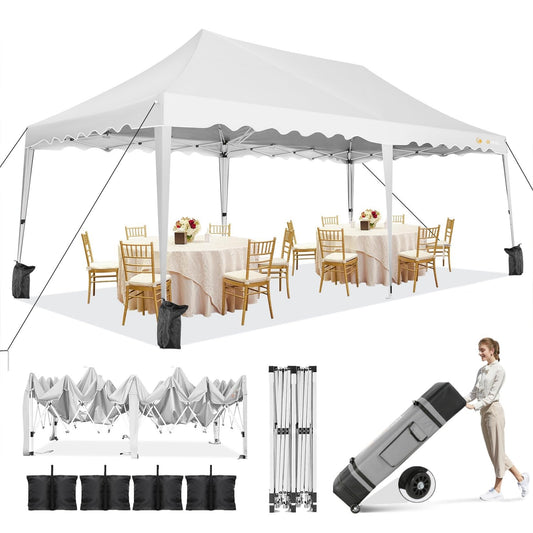 HOTEEL 10x20 Pop Up Canopy, Outdoor Easy Setup Party Tent, Waterproof Portable Enclosed Event Shelter with Wheeled Bag, Weight Bag for Backyard, Vendor, White