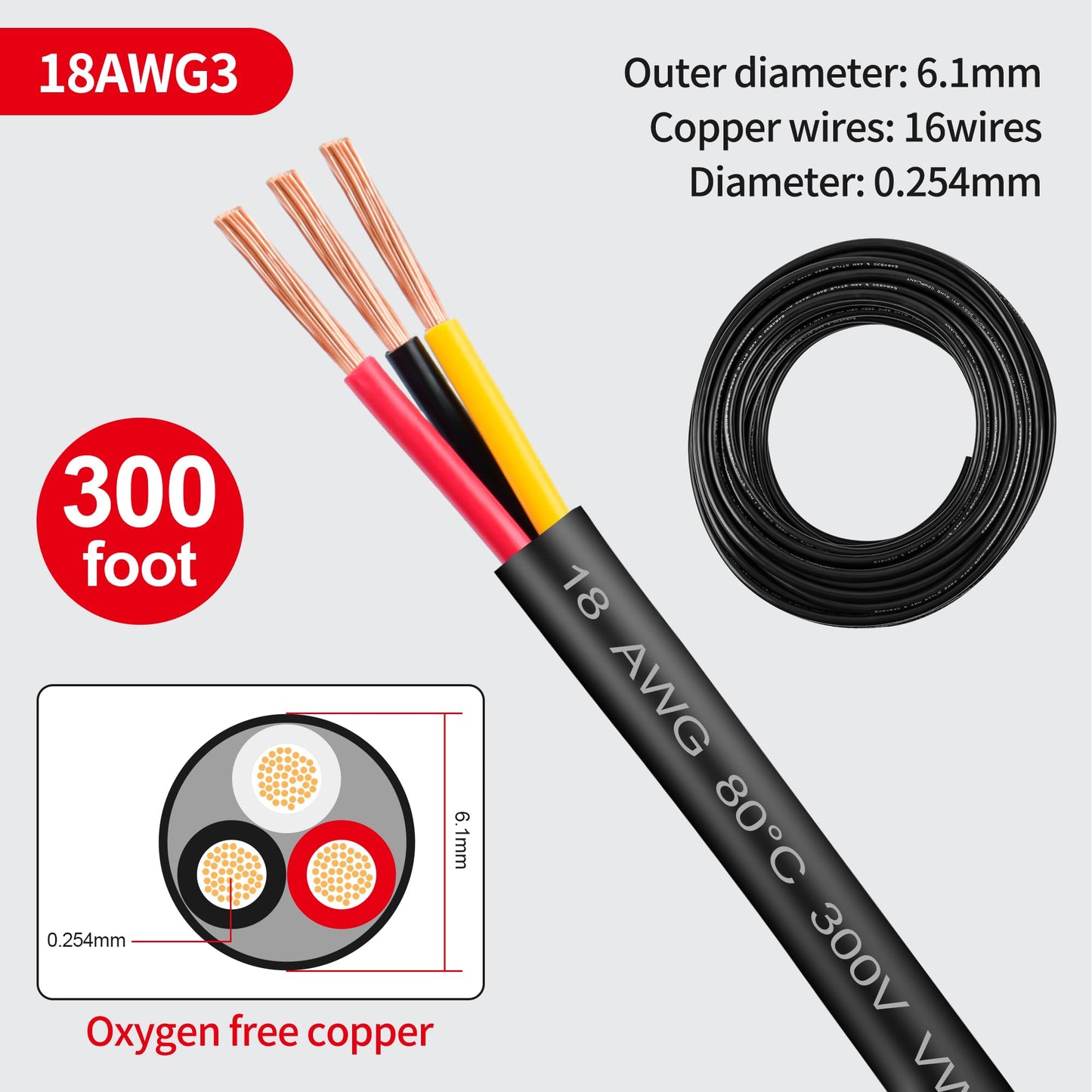 18 Gauge Wire 3 Conductor,18 AWG Electrical Wire Stranded PVC Cord Oxygen-Free Copper Cable,300 FT Tinned Copper Hookup Wire Cord for LED Lamp Lighting Strips Automotive (300FT, 18AWG-3C)…