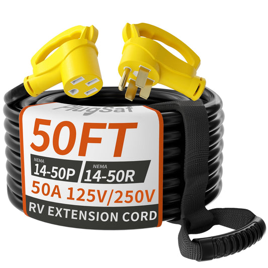 PlugSaf NEMA 14-50P/14-50R 50 FT 50 Amp RV/EV Extension Cord Outdoor with Grip Handle, 4 Prong Flexible Heavy Duty STW RV Power Cord Waterproof, 50A 125/250V 6250/12500W, Black-Yellow, ETL Listed