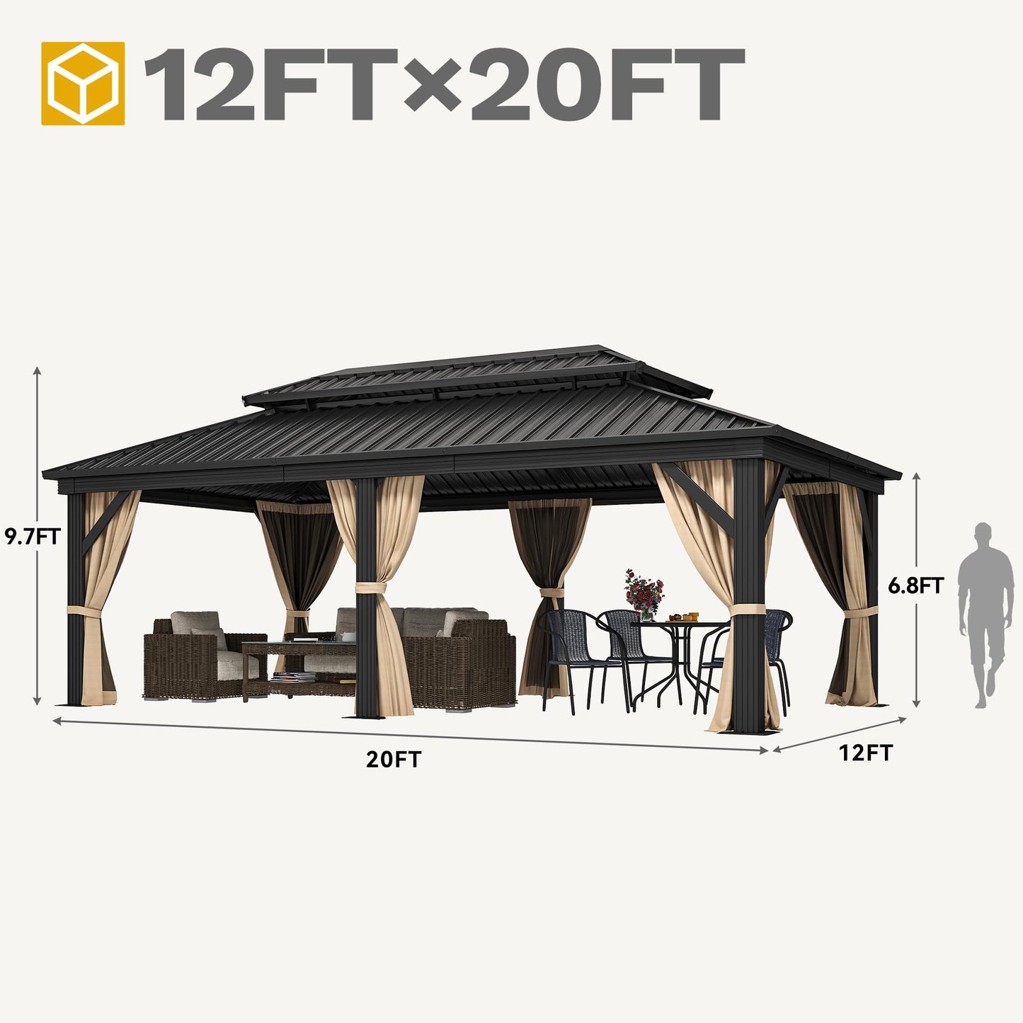 DWVO 12x20ft Hardtop Gazebo Double Roof with Nettings and Curtains, Heavy Duty Galvanized Steel Outdoor Vertical Stripes Roof for Patio, Backyard, Deck, Lawns, Brown