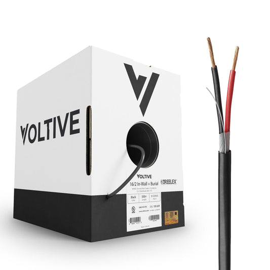 Voltive 16/2 Speaker Wire, in-Wall CL3 & Direct Burial, Black, 500ft - 16AWG, 2 Conductors, Stranded Oxygen-Free Copper, UL Listed - V-1210-5