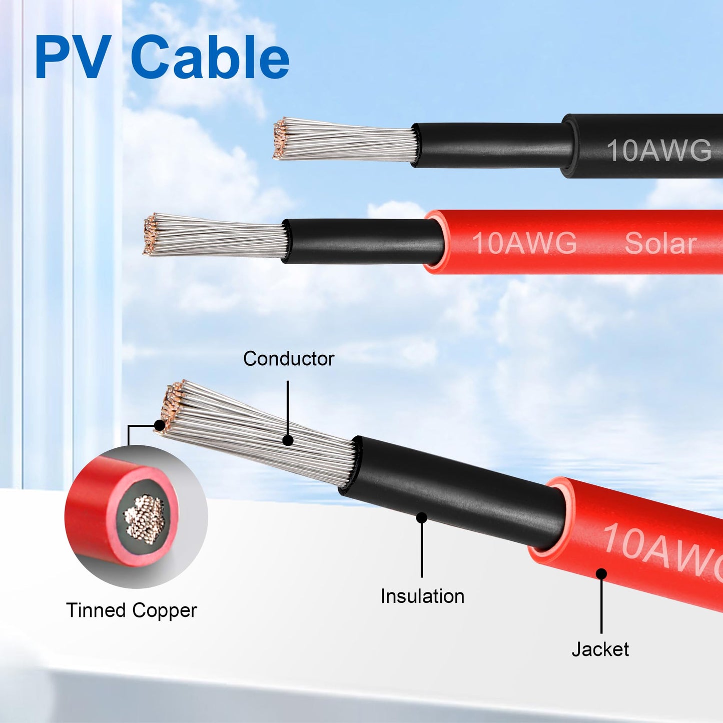 100 FT 10AWG Solar Panel Extension Cable,10 Gauge Extension Cord,5FT 10FT 20FT 30FT 50FT 100FT Solar Panel Wire with Extra Fair of Female and Male Connectors Solar Adapter for RV, Photovoltaic Systems