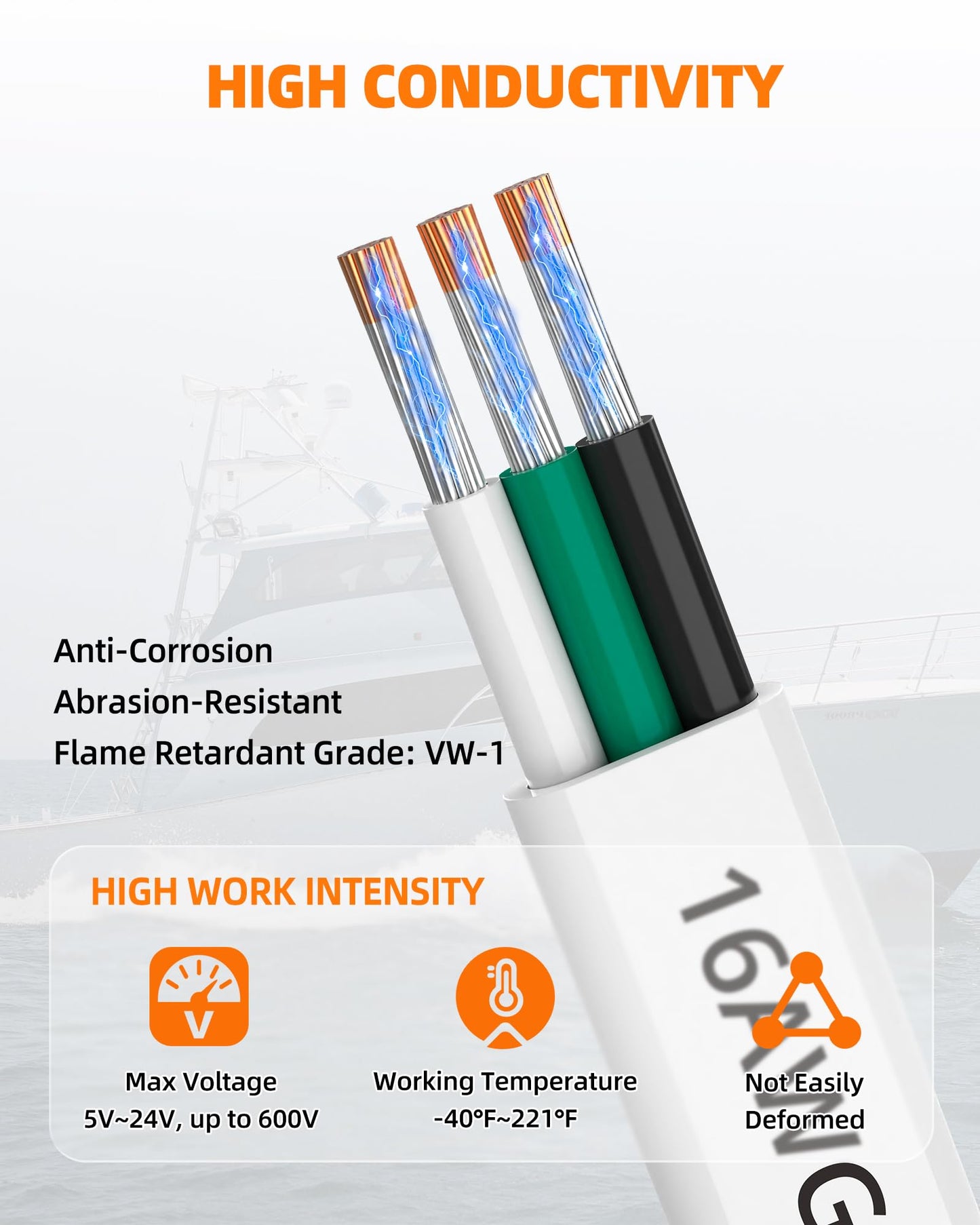 CONEPY 16 Gauge Marine Wire, 16/3 Triplex Marine Grade Cable, IP68 Waterproof/Oxygen-Free Tinned Copper Stranded PVC 16 AWG Wire for Boat, Automotive, RV, Solar, LED Strips (200FT)