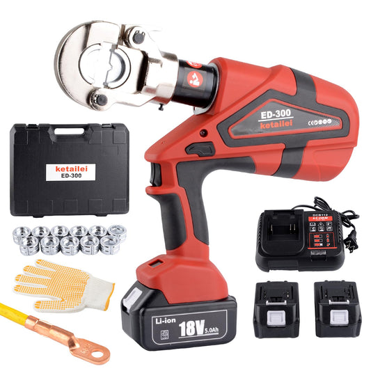 ketailei 6 Ton Electric Hydraulic Crimper, 5.0Ah High-Capacity Battery, Smart Chip Protection, Oil-Resistant Cable Lug Crimping Tool for 6AWG-600MCM Copper Terminals, Industrial Use（ED-300）