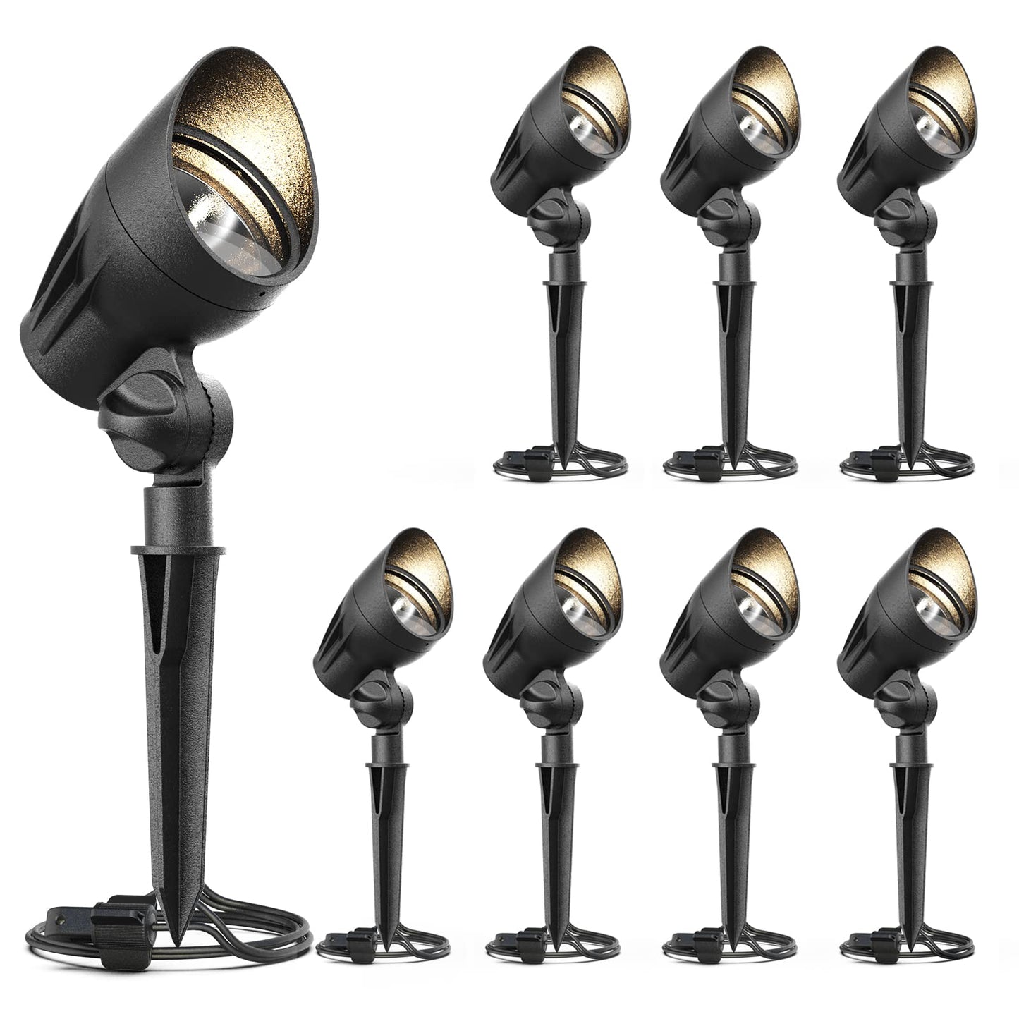 GOODSMANN Low Voltage Landscape Spotlights 50W 8PK Kits Outdoor Flood Lights 3000K Warm White Replaceable Halogen Bulb Outside Hardwired Lighting with Metal Stake Cable Connector