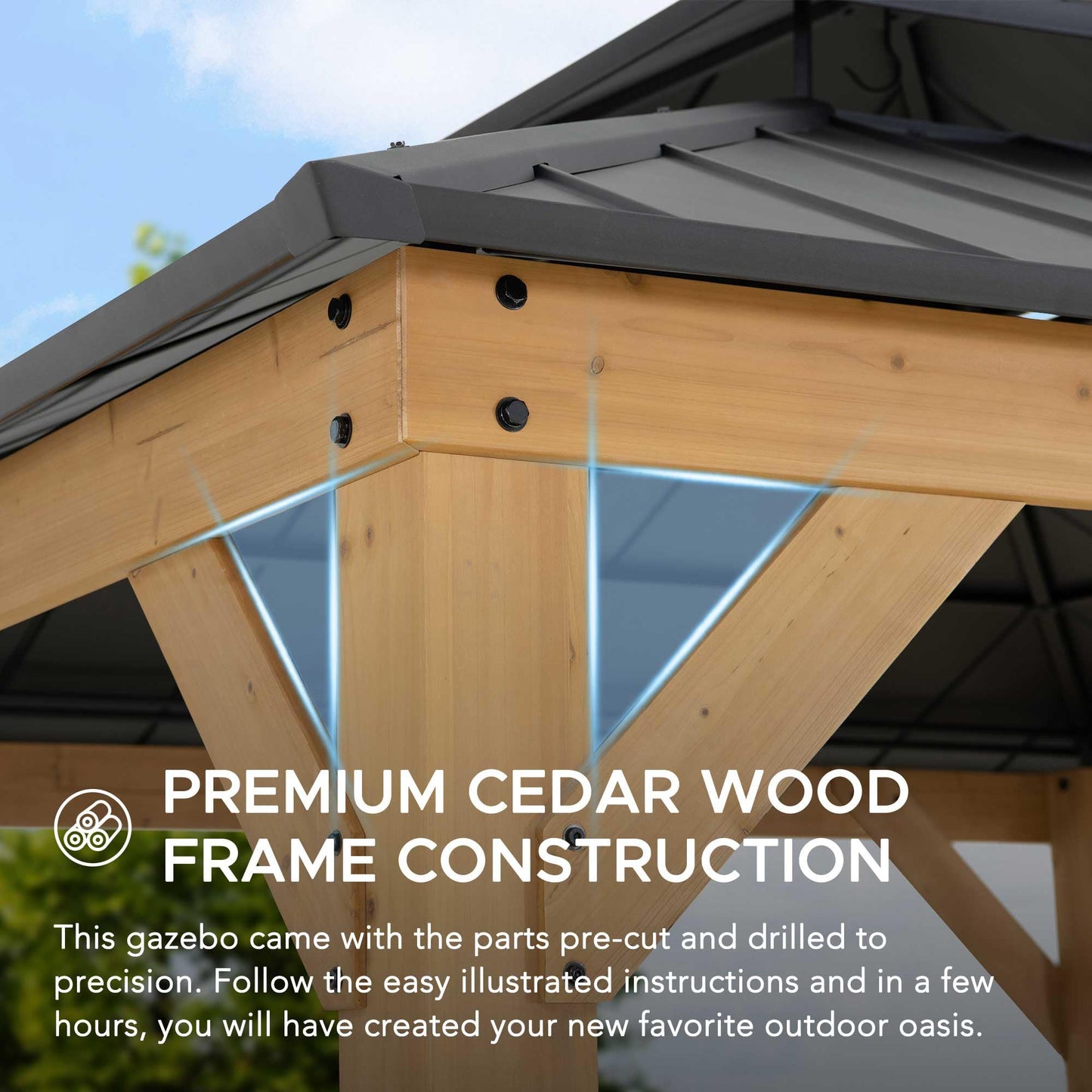 SUNJOY 11 x 11 ft. Wood Gazebo Standard Cedar Framed Gazebos with Black Double Steel Hardtop Roof for Garden, Backyard Shade, Matte Black Roof + Natural Wood Frame