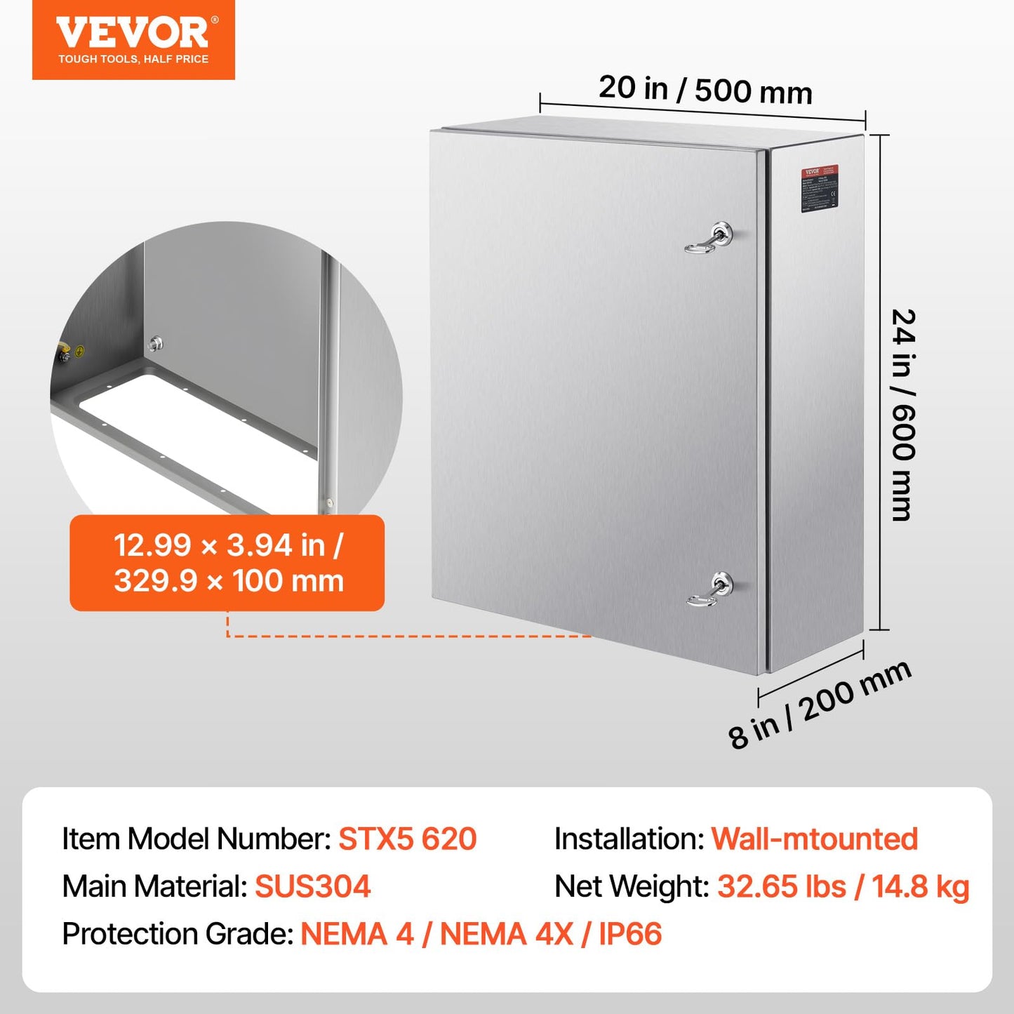Steel Electrical Box, 24"x 20"x 8", 304 Stainless Steel Electrical Enclosure Box, Wall-Mounted Outdoor Electrical Electronic Equipment Enclosure with Mounting Plate Hinges Lock, IP66 Waterproof