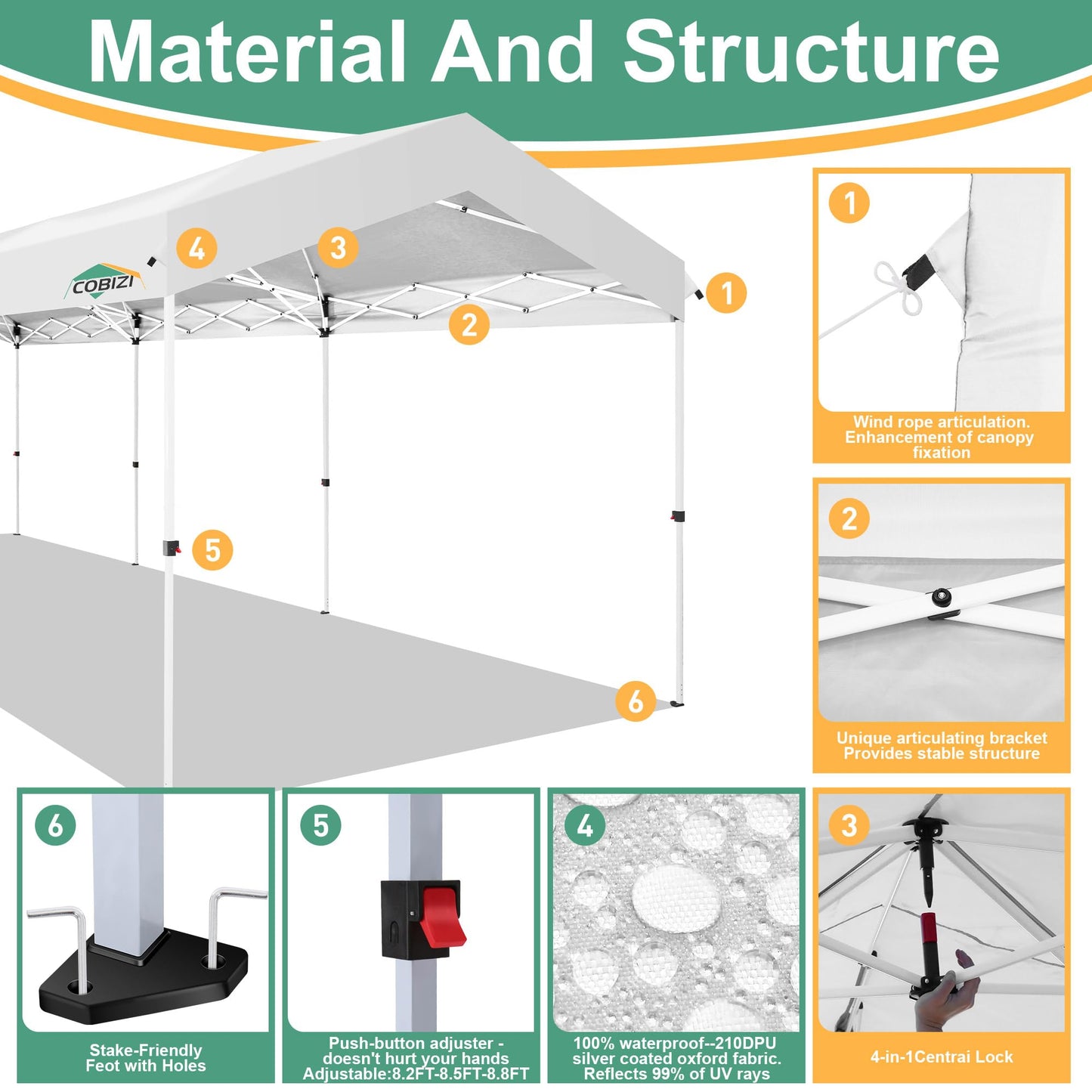 COBIZI Carport 10x30 Pop Up Canopy Car Tent with One Push Center Lock, Outdoor Portable Garage Tents for Parties UPF50+ Waterproof All-Season Car Canopy with Wheeled Bag,3 Sidewalls, Adjustable Height