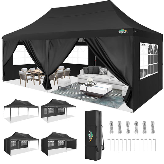 COBIZI 10x20 Pop Up Canopy with 6 Sidewall, Commercial Canopy UPF 50+ Waterproof Outdoor Gazebo with Carry Bag, Tents for Parties with Upgrade Frame, 3 Height Adjustable, Black