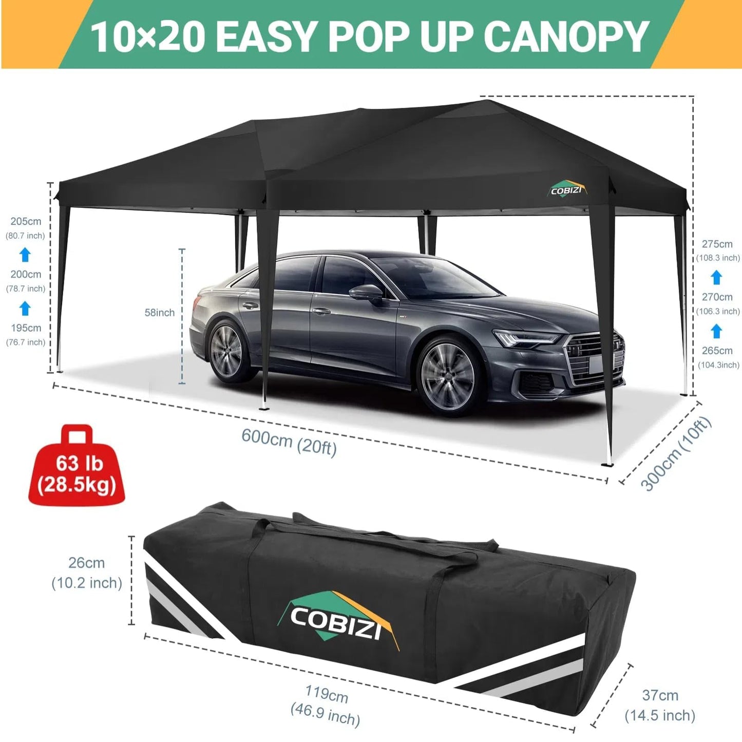 COBIZI Canopy 10x20 Pop Up Canopy Tent with 6 Sidewalls Outdoor Party Tent 10x20 Waterproof Commercial Instant Shelter UPF 50+ Portable Gazebo Wedding Tents for Parties Car Port Vender Events(Black