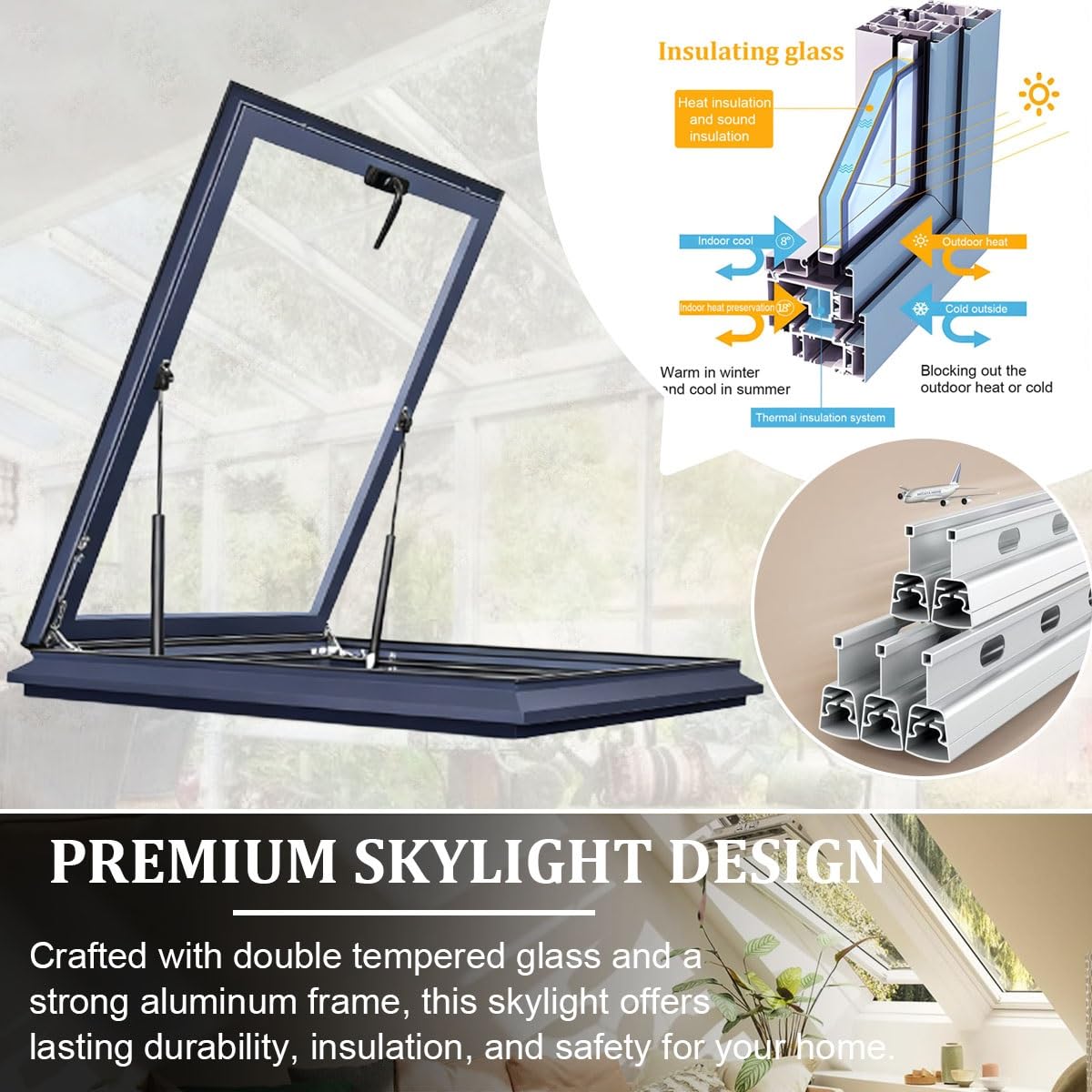 Valdoza Customizable Roof Windows Skylight, Manual Vented Skylights for House Roofs, Double-Glazed Tempered Glass and Aluminum Frame, for Attic/Sun Room