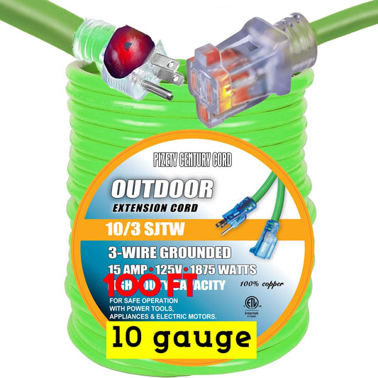 pizety 100 ft 10 Gauge Extension Cords 10 3 Contractor Grade 100 feet 10 Gauge Power Extension Cord 10/3 Plug Extension Cord with Lighted Ends (100 ft 10 Gauge Green Waterproof Extension Cord