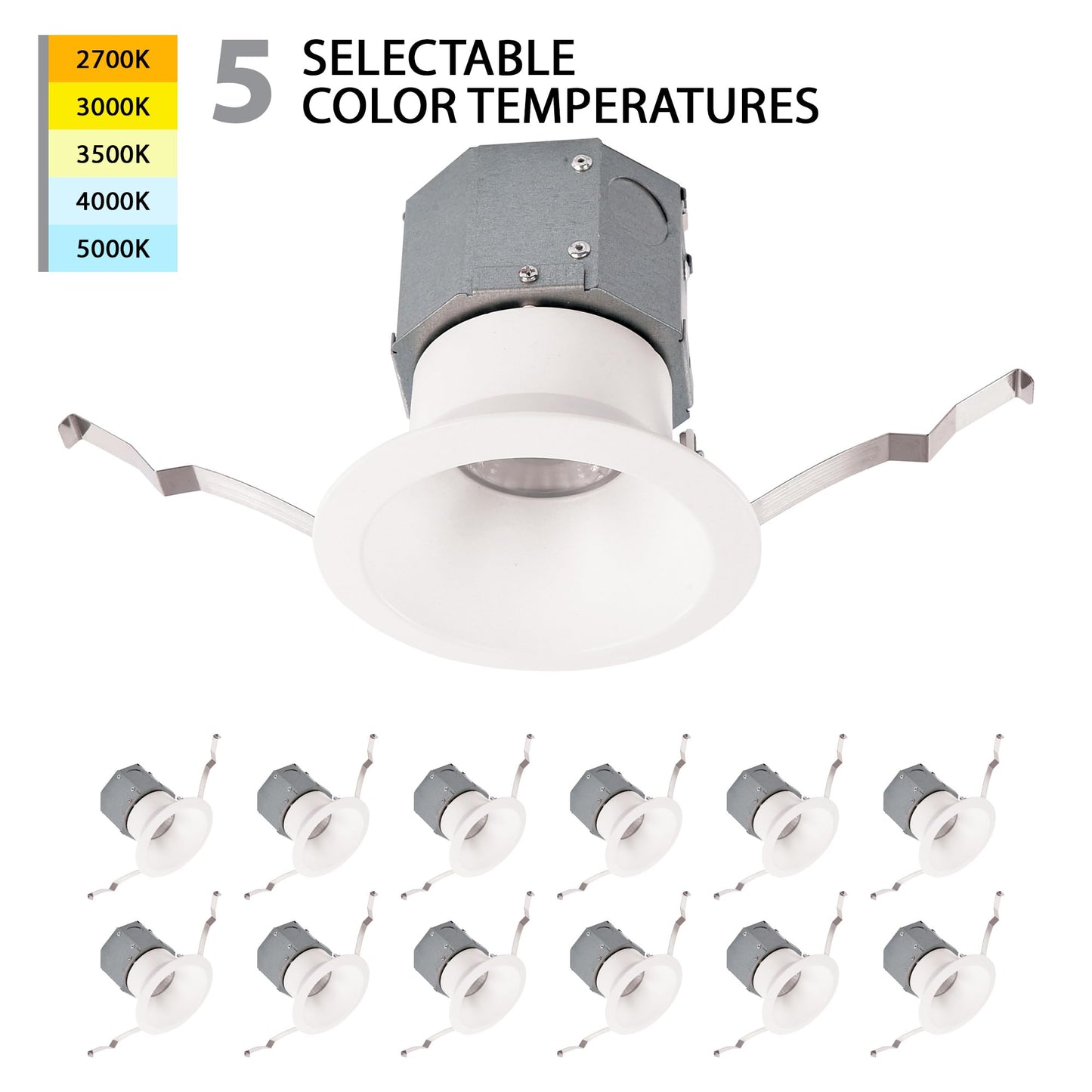 WAC Lighting Pop-in 4in LED Round Recessed Light with Built-in Junction Box 5-CCT Selectable 12W 1,080 Lumens 120V-277V Universal in White (Pack of 12)