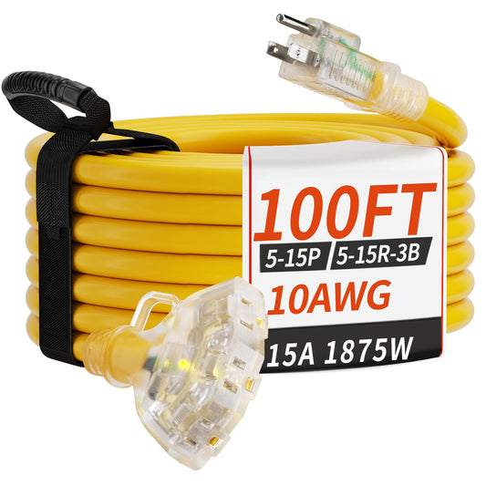 PlugSaf 100 FT 10 Gauge Outdoor Extension Cord with Multiple Outlets Light Indicator, Flexible 3 Outlet Weatherproof Heavy Duty Extension Cord Waterproof Yellow, 15A 1875W 10AWG SJTW, ETL Listed