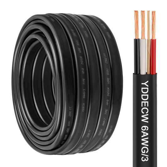 YDDECW 6/3 NM-B Wire with Ground - 50FT 6 Gauge Non-Metallic Sheathed Cable Pure Copper 6 AWG 3 Conductor Residential Indoor Wire for Outlets, Switches and Other Loads etc.