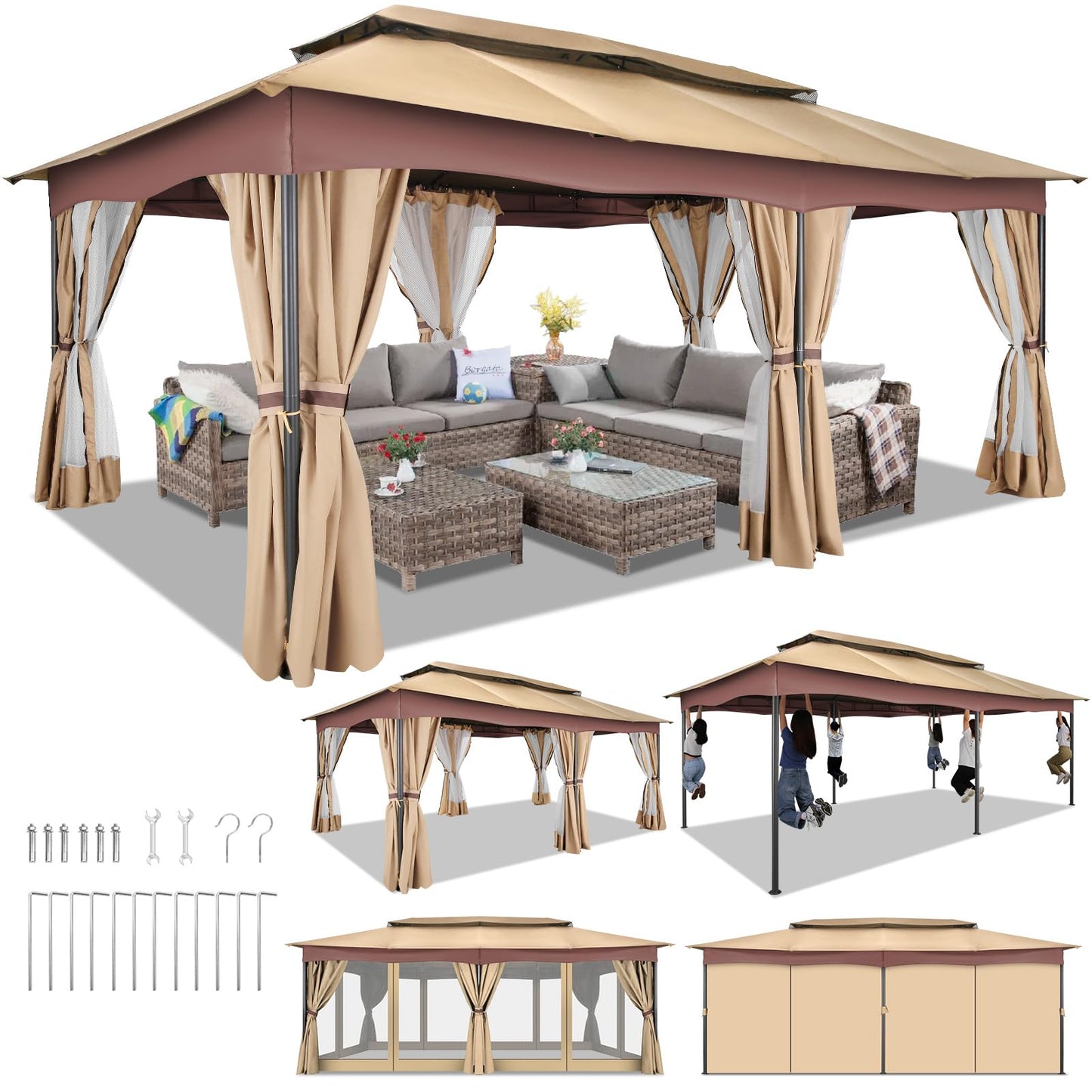 HOTEEL Gazebo 12x20, Outdoor Gazebo on Clearance with Double Ventilated Arc Roof, Privacy Curtains & Mosquito Netting, Easy Set up Canopy Tent with Stable Metal Frame for Patio, Khaki (Upgraded 2.0)