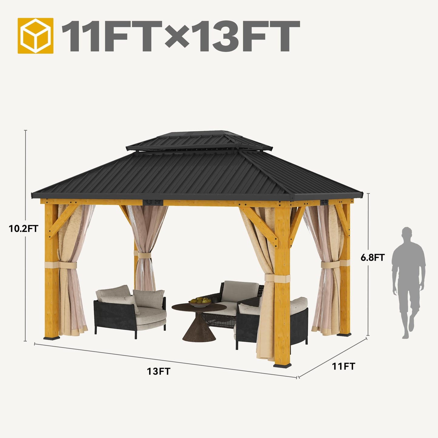 DWVO 11X13FT Gazebo Wood Outdoor Wooden Frame Double Roof Hardtop Galvanized Steel Top Canopy w/Curtain and Netting, Patio Heavy Duty for Deck, Backyard