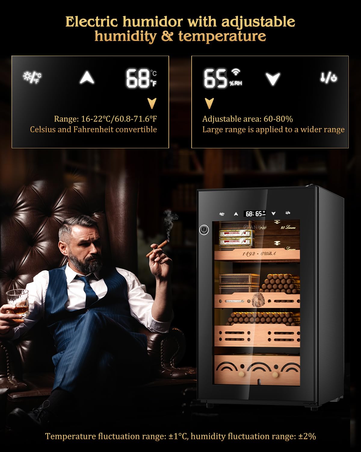 Electric Cigar Humidor Cabinet up to 600 Cigars, Temperature & Humidity Control System-75L Cooling Fridge with Cedar Wood Shelves Digital LED Screen Fingerprint Safety Lock Home & Commercial Use