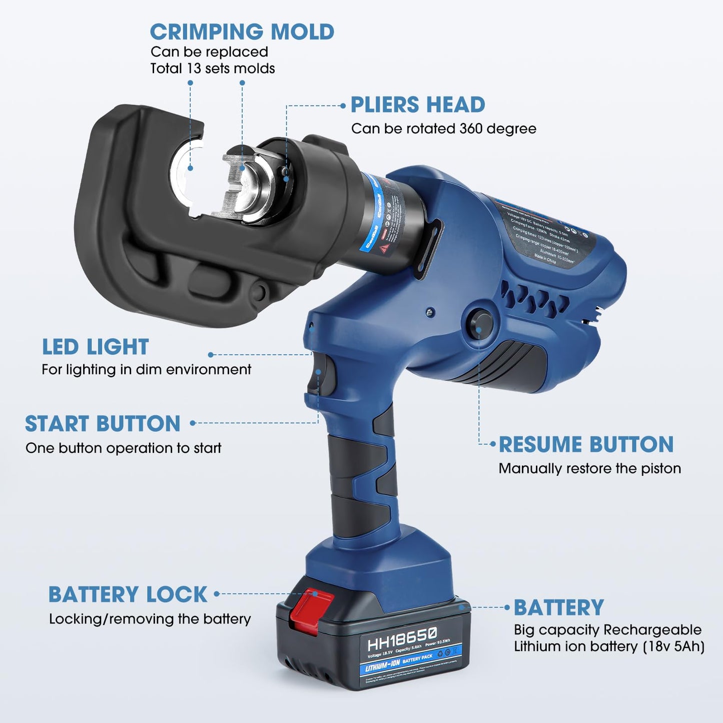 CENTALL Electric Hydraulic Cable Lug Crimper Pliers Rechargeable Crimping Tool 12Ton Electrical Terminal Cable Wire Fiber Crimper Kit with 13 Dies 2 Pcs 5.0Ah Lithium Battery XT-400