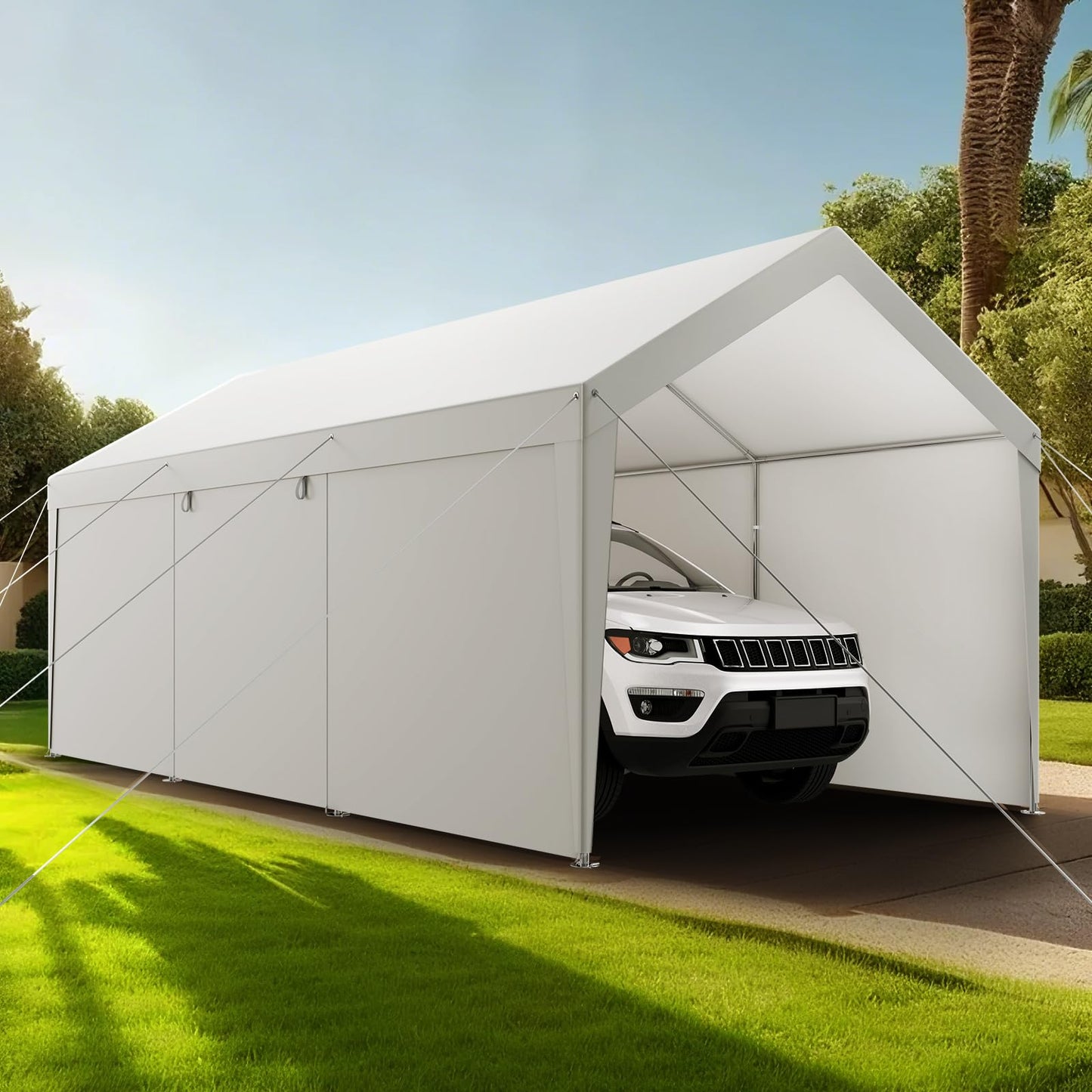 VEVOR Carport, 10 x 20 FT Outdoor Car Canopy, Potable Carport with Removable Sidewalls & Door, Heavy Duty Car Shelter, UV-Resistant & Water-Resistant, All-Season Protection for Automobile Boat White