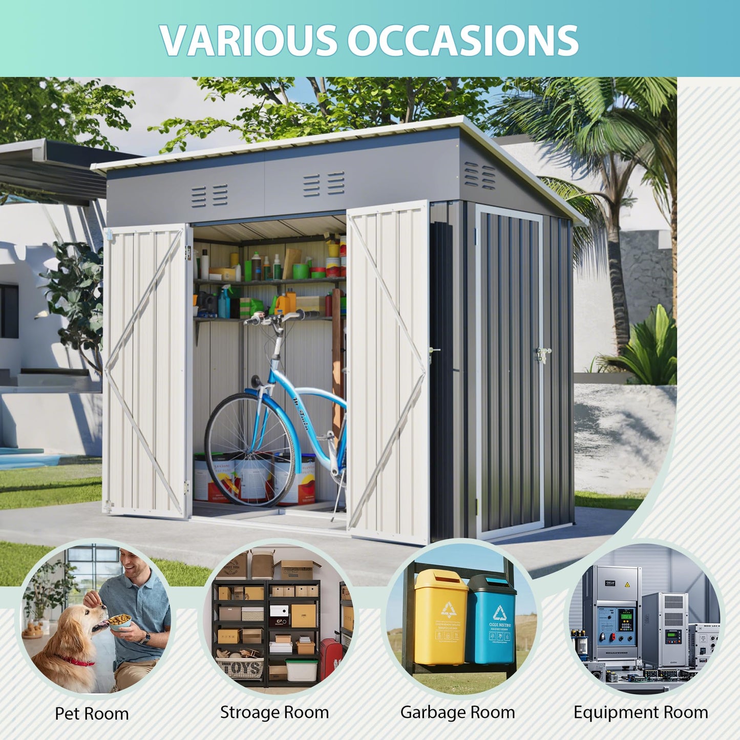 YOPTO 4x8 FT Outdoor Storage Shed,Slope Roof Storage Metal Garden Shed Steel with Reinforced Beams,All Weather Waterproof Garden Tool House W/Lockable Door & 4 Air Vents,for Backyard,Patio,Lawn,Grey