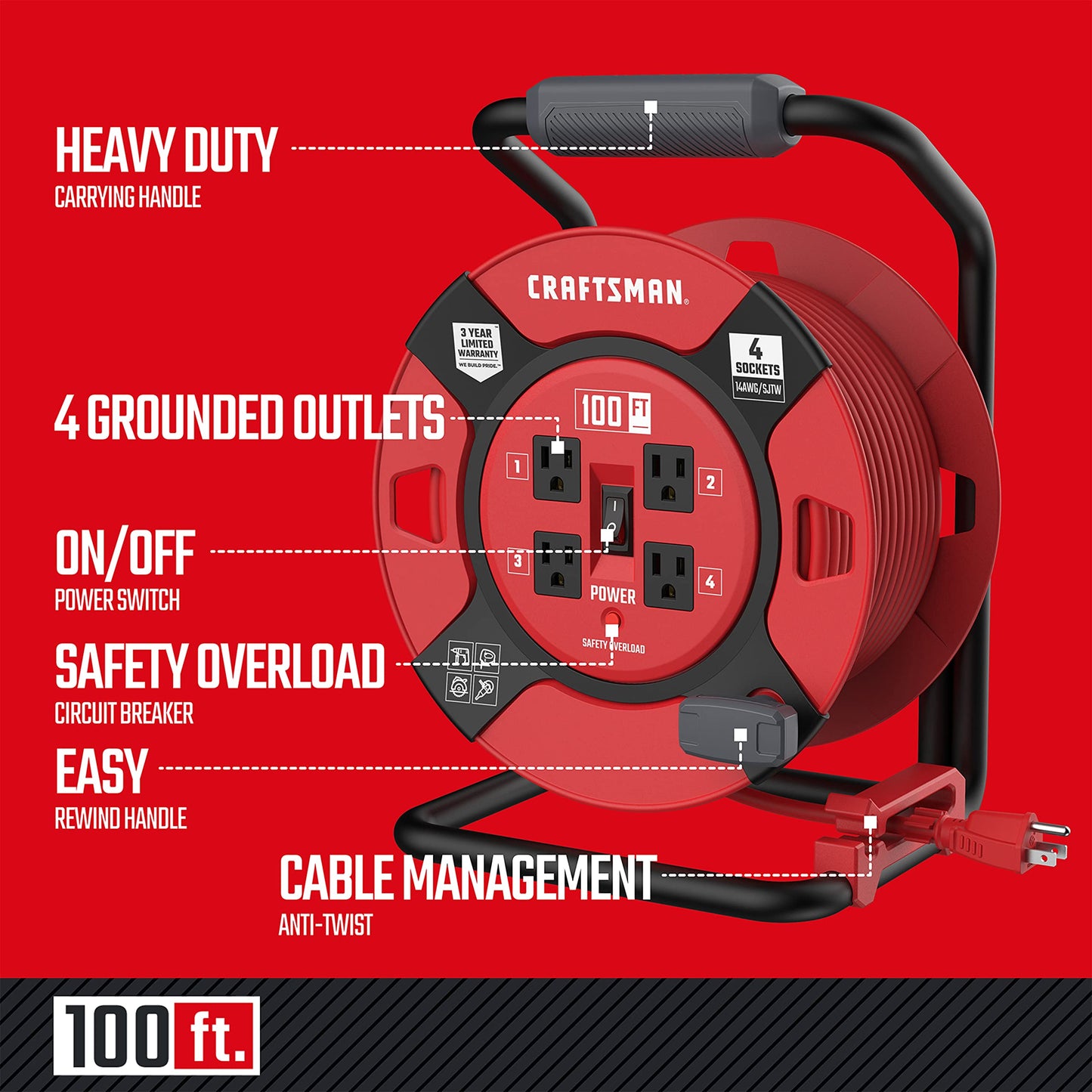 CRAFTSMAN 100 Ft. Retractable Extension Cord Reel With 4 Outlets & Heavy Duty 14AWG SJTW Cable