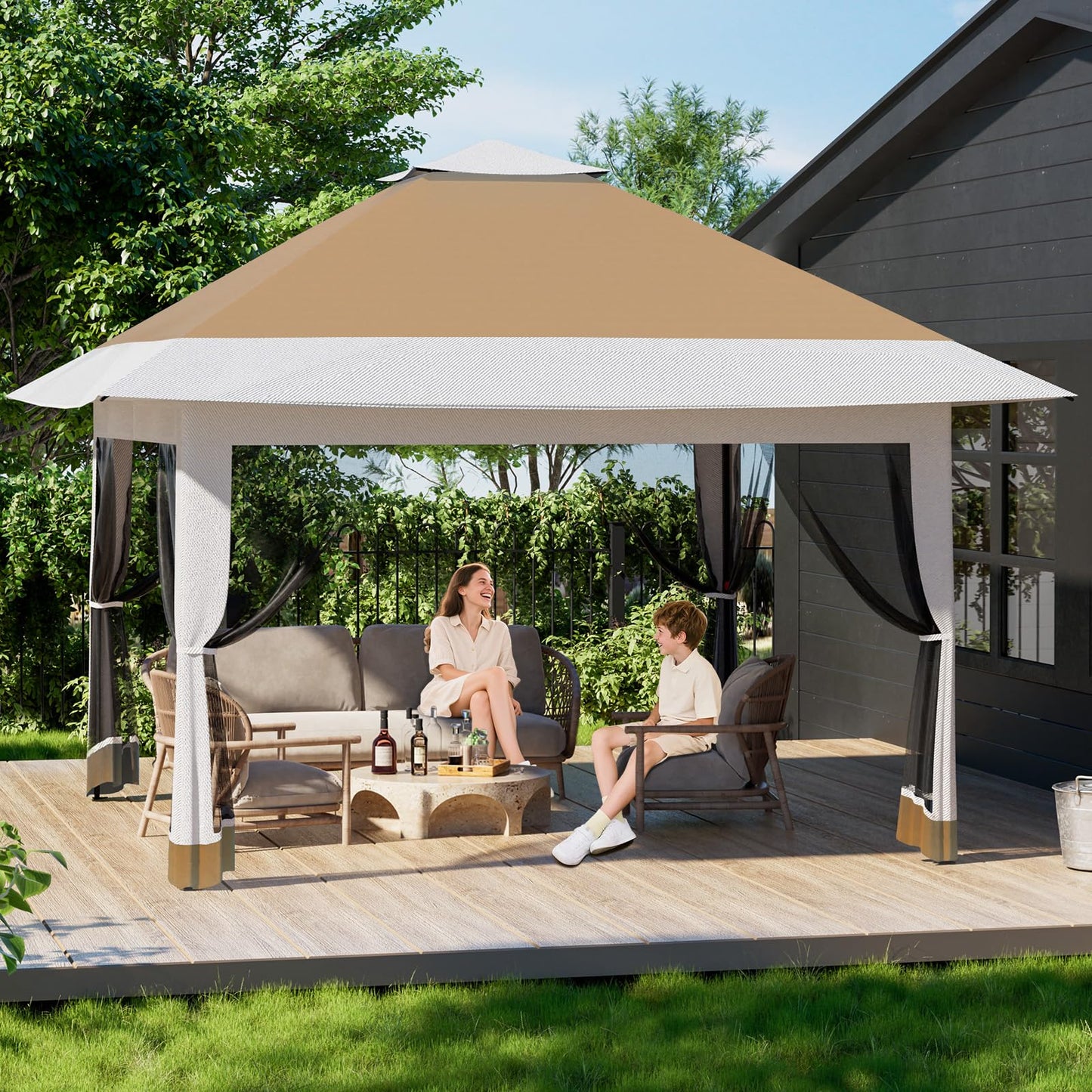 GarveeTech Pop Up Gazebo 12x12 ft Canopy Tent with Mosquito Netting, Outdoor Patio Gazebo with 3 Adjustable Heights, Tent Shelter Quick Setup Backyard Tent for Party,Wedding (Khaki)