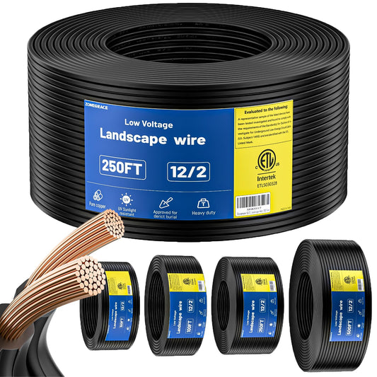 ZONEGRACE 250FT 12/2 Low Voltage Landscape Wire, 12 Gauge Landscape Lighting Wire, ETL Listed Stranded Pure Copper (65×0.254mm), Direct Burial PVC Jacket, Outdoor Low Voltage Landscape Cable 12/2
