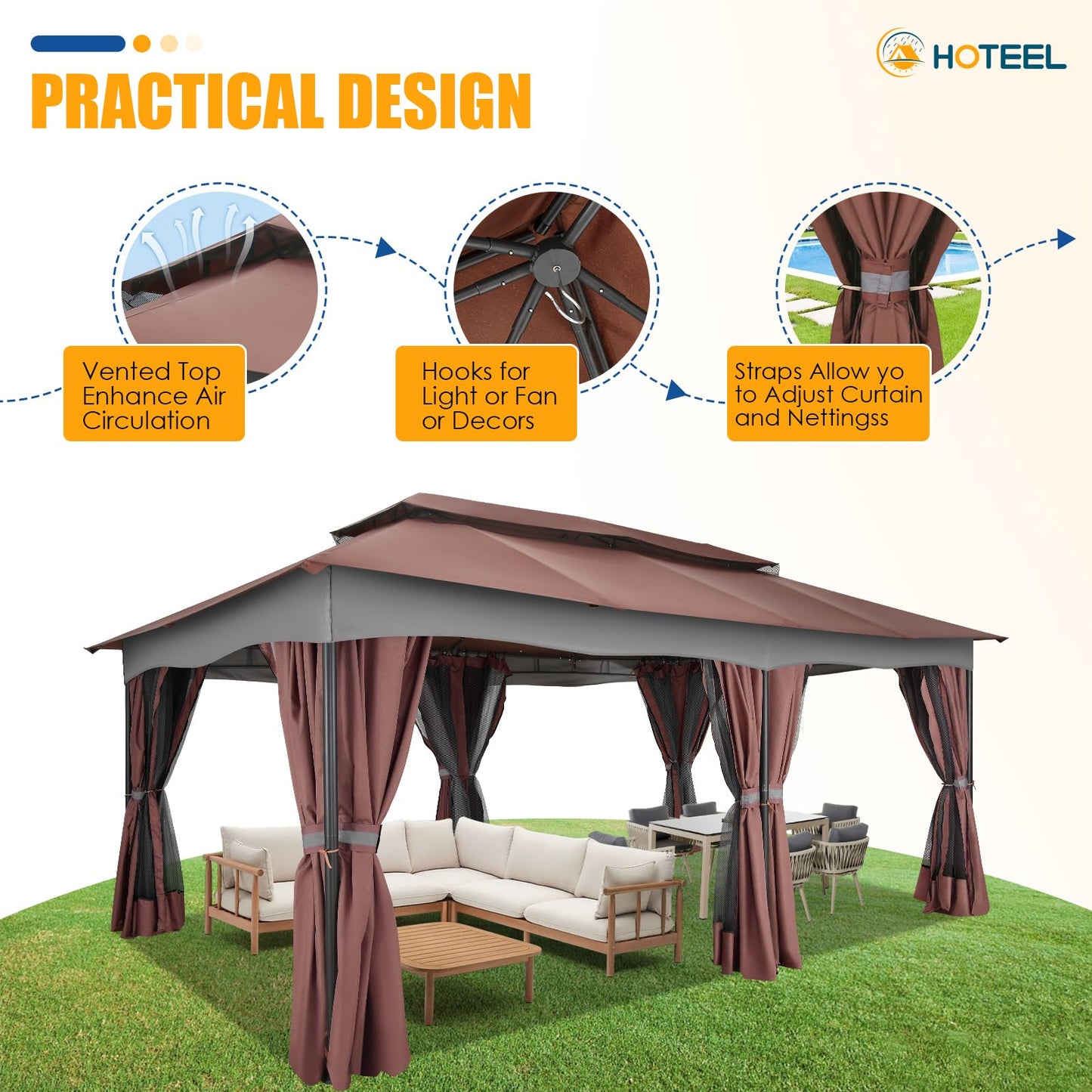 HOTEEL Gazebo 12x20, Outdoor Gazebo on Clearance with Double Ventilated Arc Roof, Privacy Curtains & Mosquito Netting, Easy Set up Canopy Tent with Stable Metal Frame for Patio, Brown