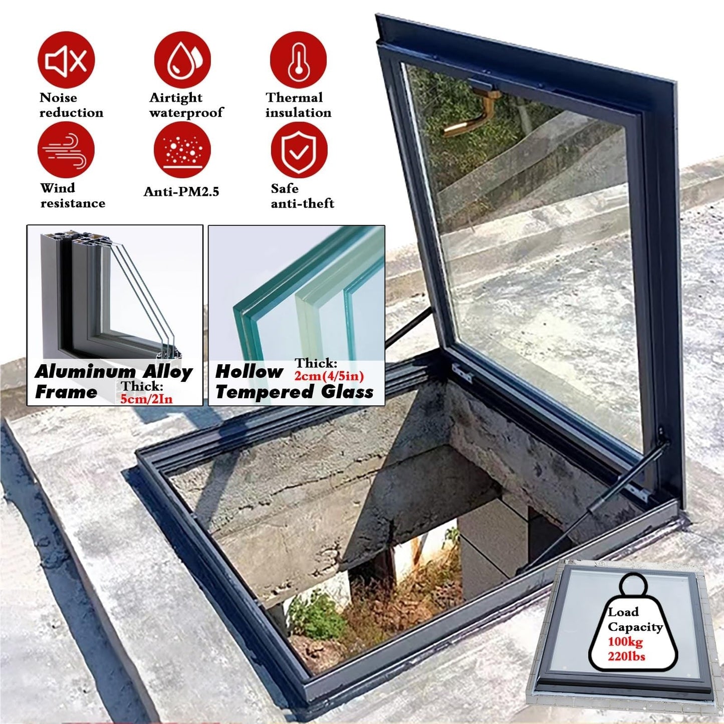 Outdoor Skylight Roof Hatch with Gas Shock Strut, Horizontal Viewing Window for Commercial and Industrial Buildings | Rotation Lock Security Feature