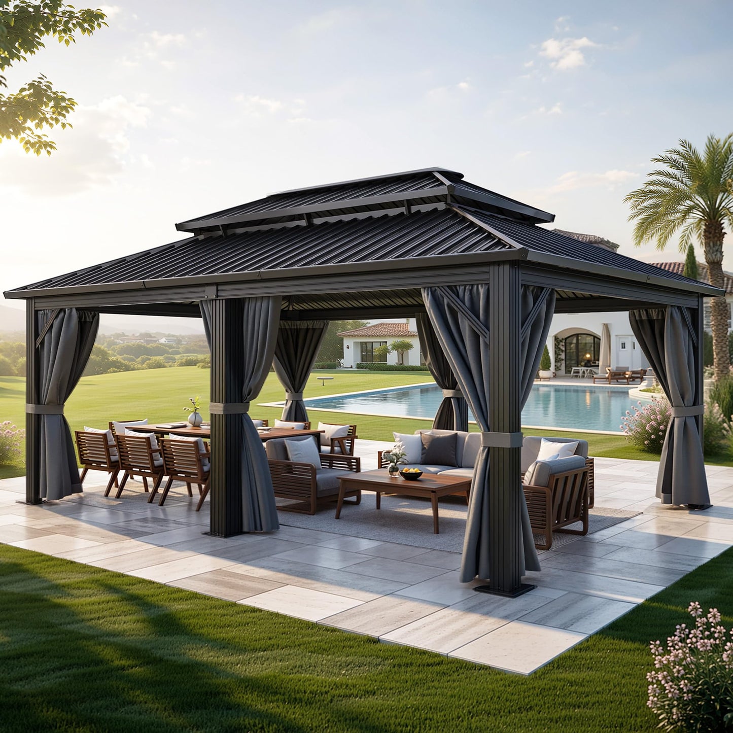 DWVO 18x12ft Aluminum Gazebo Hardtop Double Roof Canopy Outdoor Gazebo Galvanized Roof with Netting and Curtain Garden Tent for Patio, Backyard and Deck