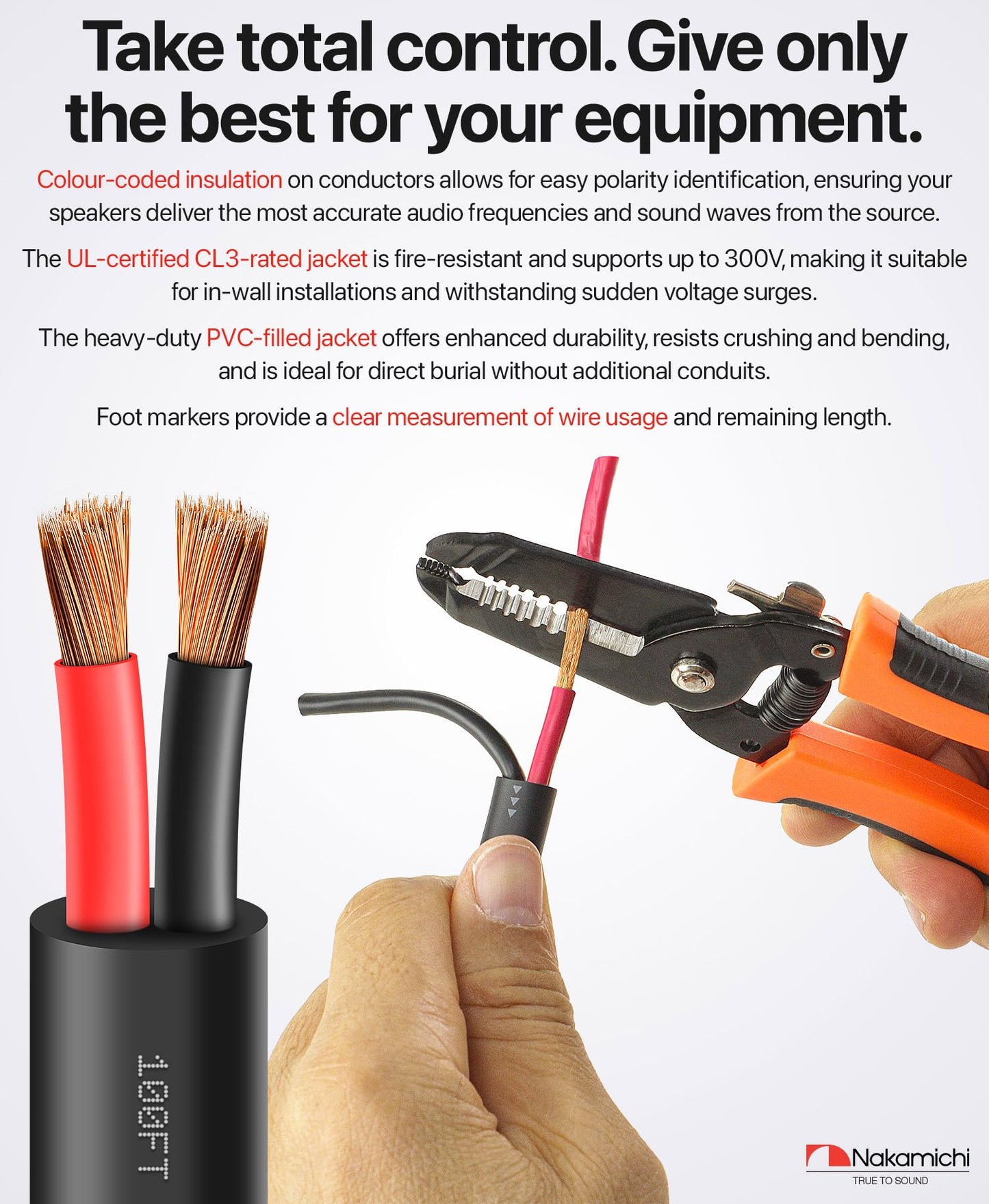 Nakamichi 10/2 (100-Foot) in-Wall & Direct Burial (UL CL2 CL3 Rated) Oxygen-Free Copper (OFC) 2-Conductor Speaker Cable Wire, Outdoor In-Ground, in-Ceiling, Riser, Black (10AWG / 100ft / 30.48m)