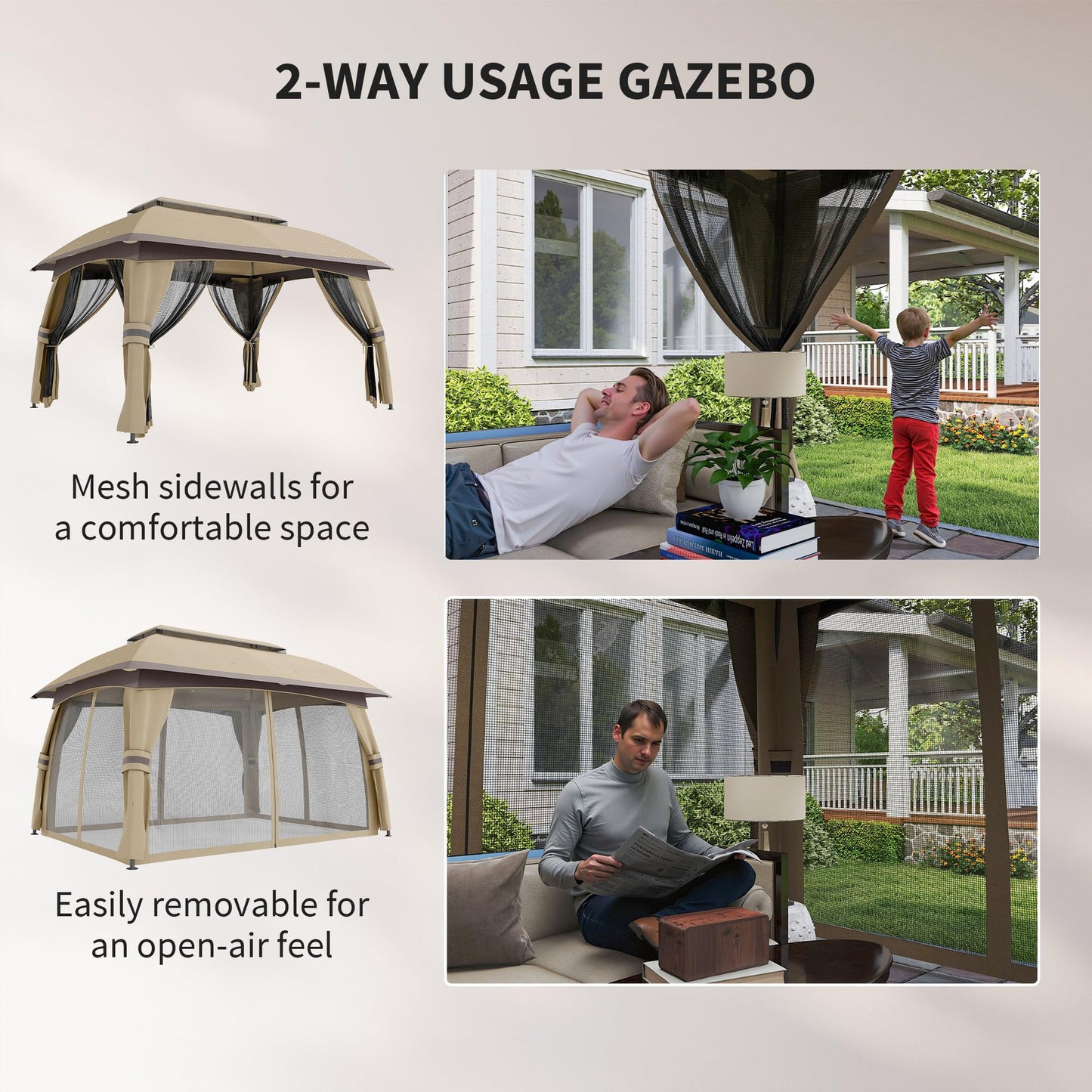 Outsunny 10' x 13' Patio Gazebo, Outdoor Gazebo Canopy Shelter with Netting, Vented Roof, Steel Frame for Garden, Lawn, Backyard, and Deck, Beige