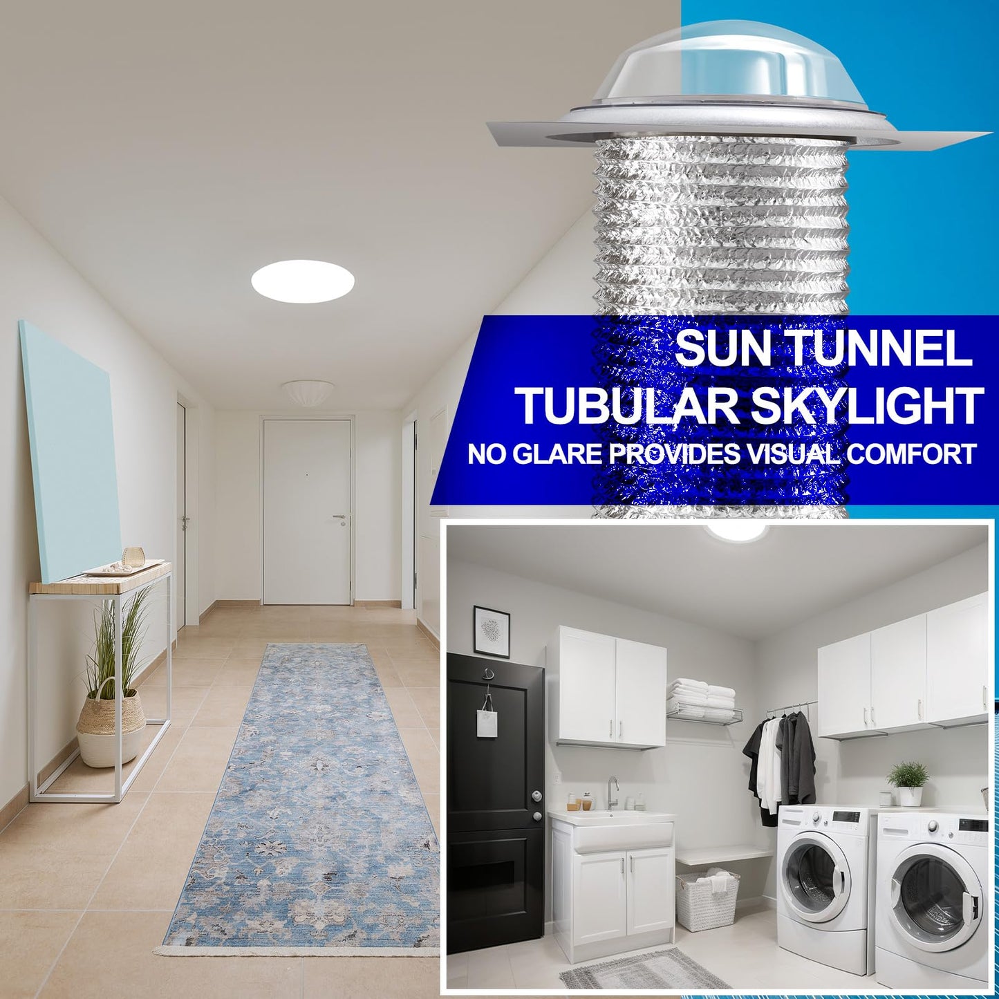 Joyfolk 16 Inch Solar Tube Skylight, Tubular Daylight Roof Light with Acrylic Dome & Low-Profile Flashing, Flexible Reflective Tube for Bedroom, Hallway, Living Room & Interior Lighting