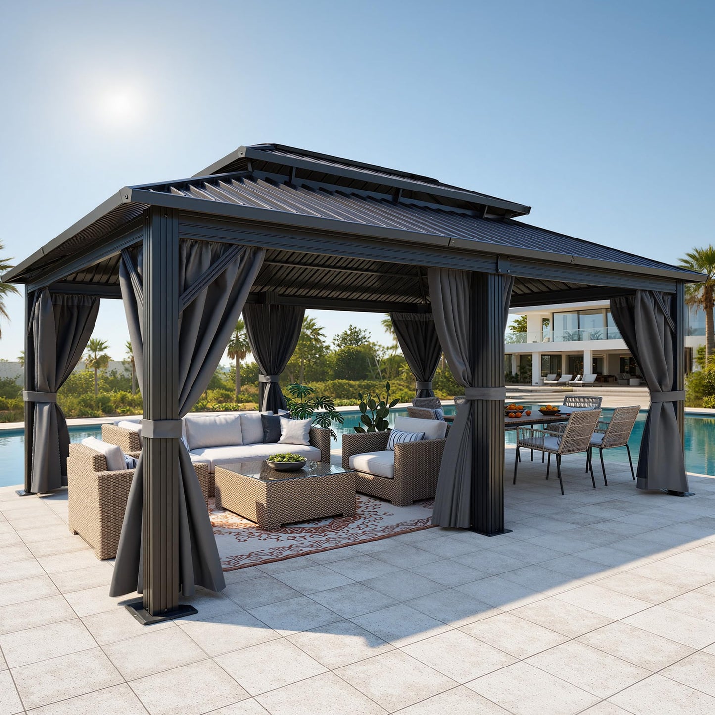 DWVO 18x12ft Aluminum Gazebo Hardtop Double Roof Canopy Outdoor Gazebo Galvanized Roof with Netting and Curtain Garden Tent for Patio, Backyard and Deck