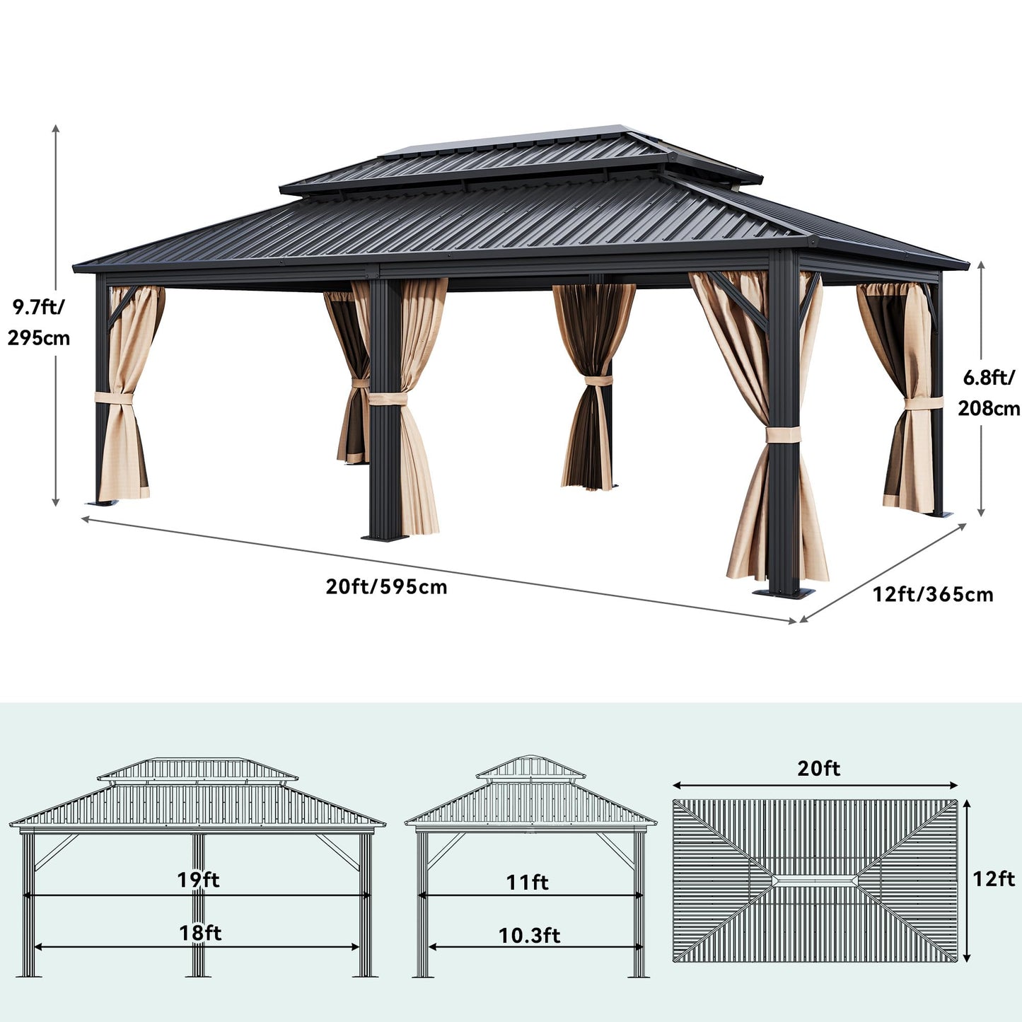 YITAHOME 12x20ft Gazebo Hardtop Canopy Heavy Duty Double Roof Outdoor w/Nettings and Curtains, Upgraded Aluminum Column Galvanized Steel Vertical Stripes Roof for Patio, Backyard, Deck, Lawns, Brown