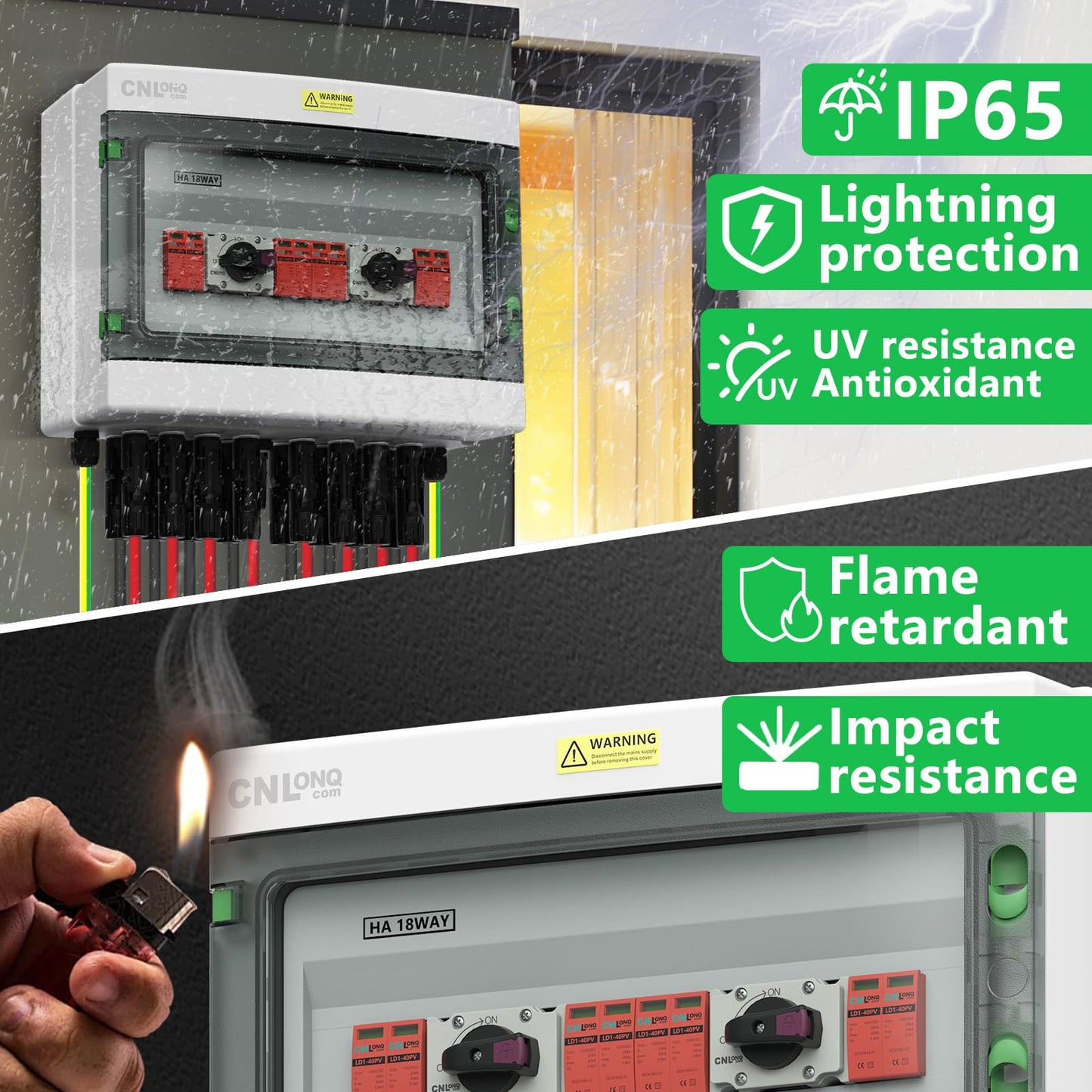 CNLonQcom 4 Strings Solar Disconnect Switch 32 Amp DC1000V with Lightning Surge Protector Arrester and IP65 Solar PV Combiner Breaker Box 4in 4out for Outdoor Solar Panel System