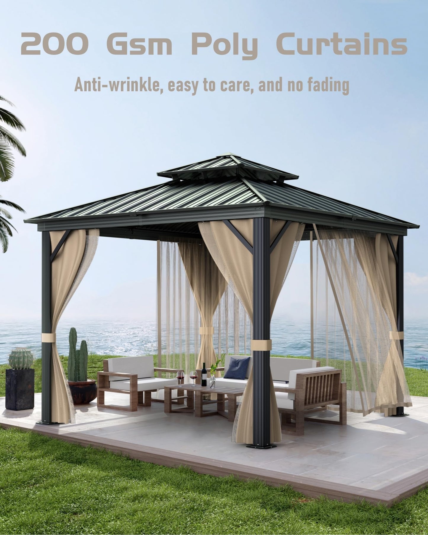 12x12FT Hardtop Gazebo, Heavy-Duty Aluminum Frame Canopy with Galvanized Steel Double Roof, Outdoor Pergola with Mosquito Netting & Waterproof Curtains for Patio, Backyard, Deck & Lawn