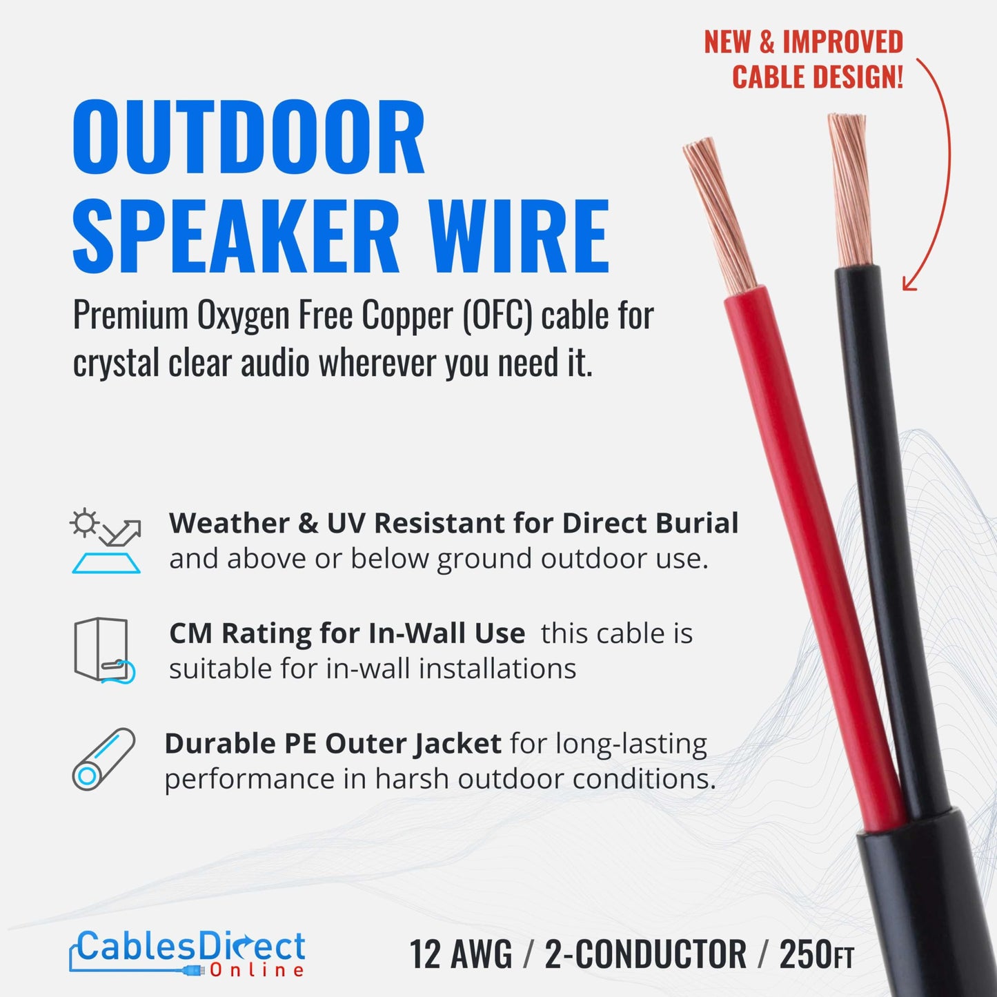 Cables Direct Online 250FT 12AWG Outdoor Speaker Cable Oxygen Free Copper 2-Conductors, Direct Burial, Weather Resistant, UV CL3 CM Rated, OFC Strands Low Voltage, Drum