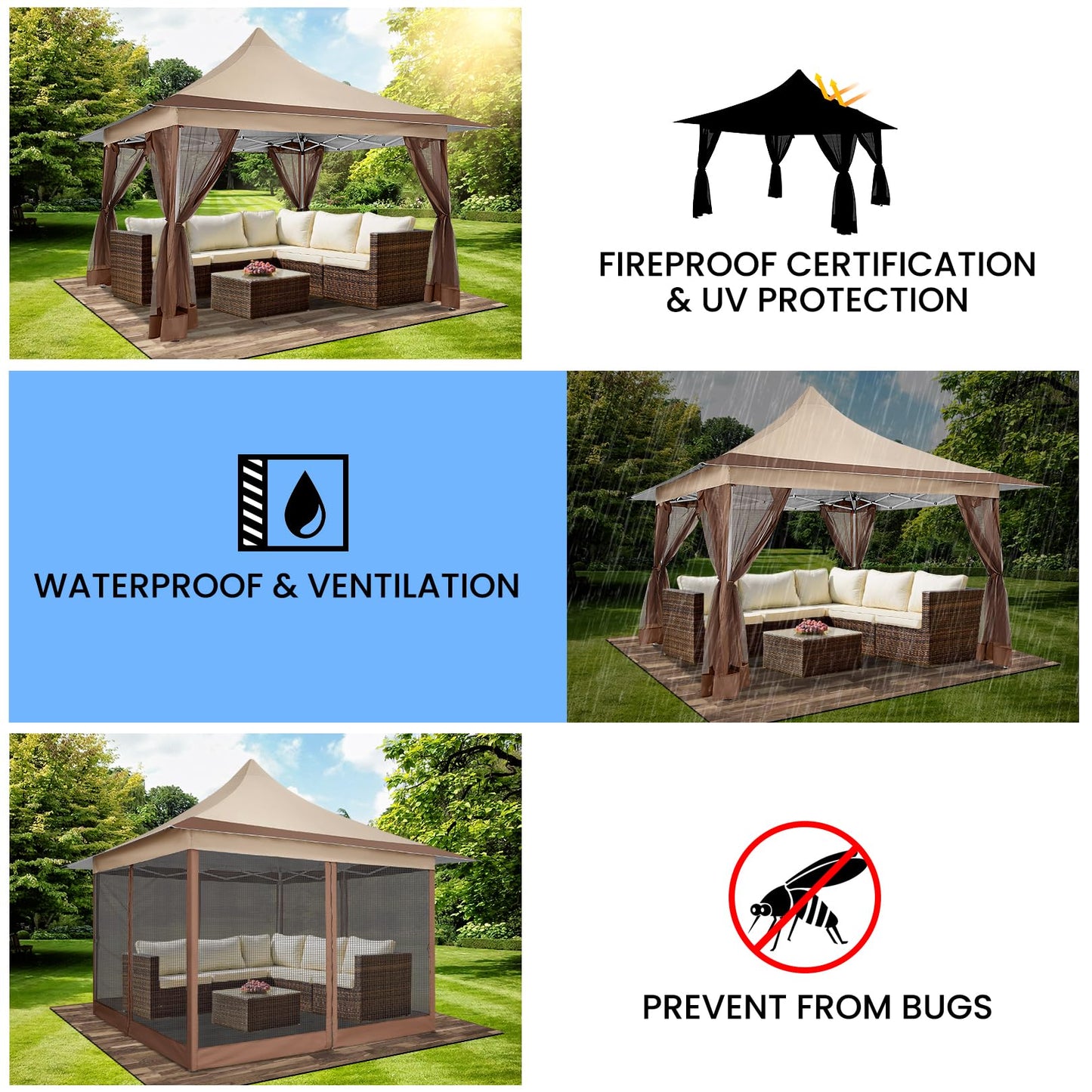 COBIZI 12x12 Pop up Canopy Gazebo on Clearance, Outdoor Canopy Tent with Mosquito Netting & Sandbags,Patio Portable Gazebo for Garden,Backyard & Lawn,Khaki