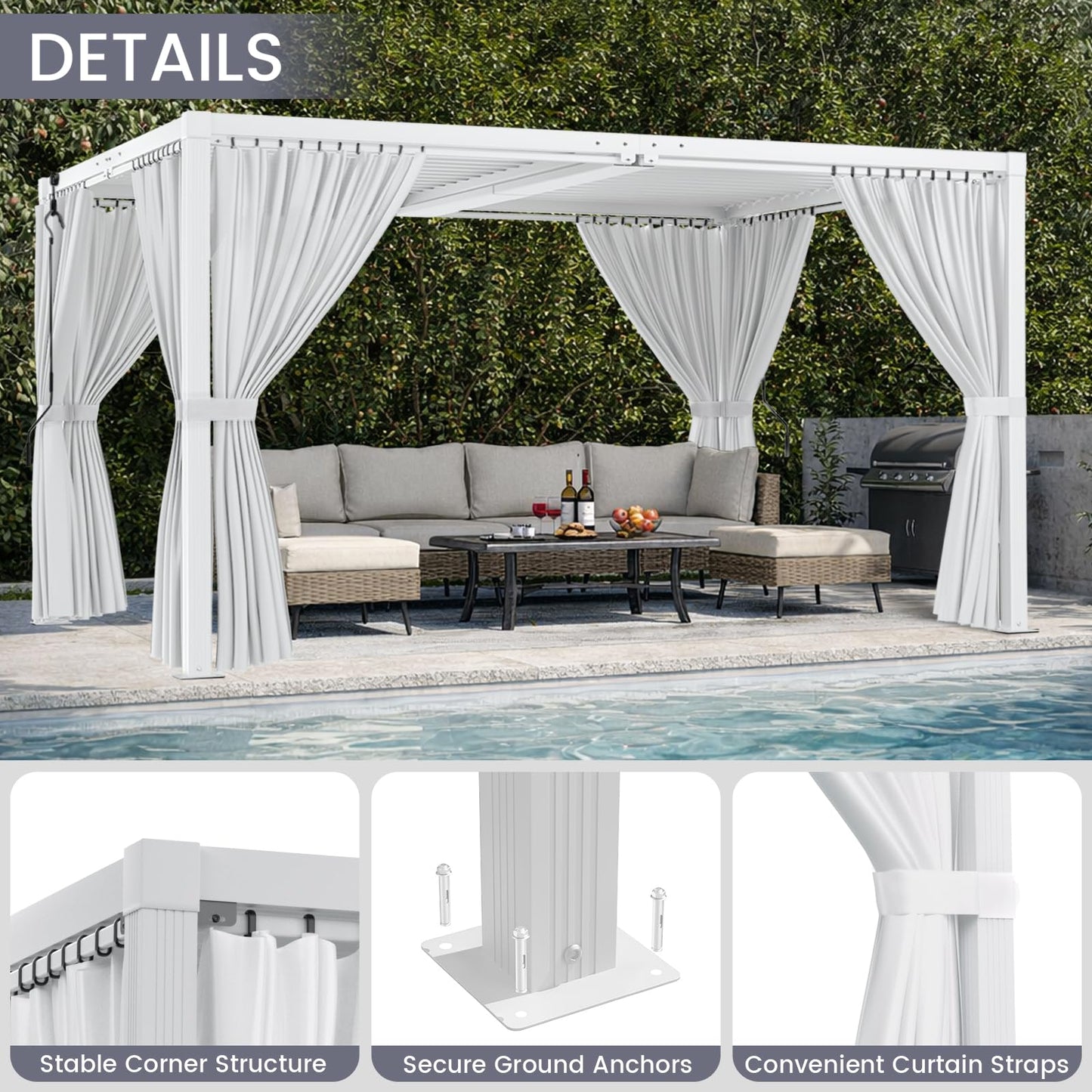 SAILARY Louvered Pergola 12' x 20' with Waterproof Curtains, Large Outdoor Aluminum Pergola with Reinforced Steel Roof, Heavy-Duty Hardtop Gazebo, Privacy Shaded Shelter, White