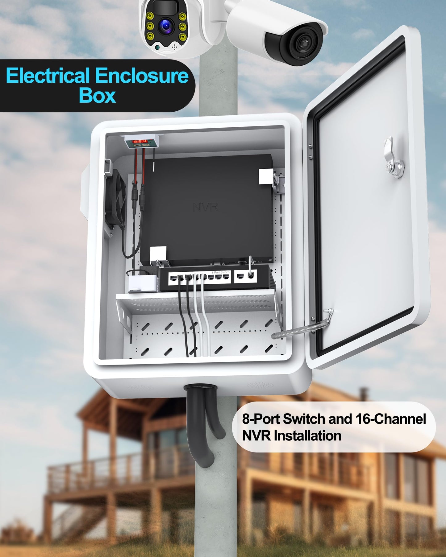 Akwscyby Outdoor Electrical Box with Thermostat and Fan, Precise Temperature Control 0.1°F, IP65 Water Resistant Rating, Galvanized Steel, Aluminum Rear Beam(19.7" x 17.7" x 7.9")