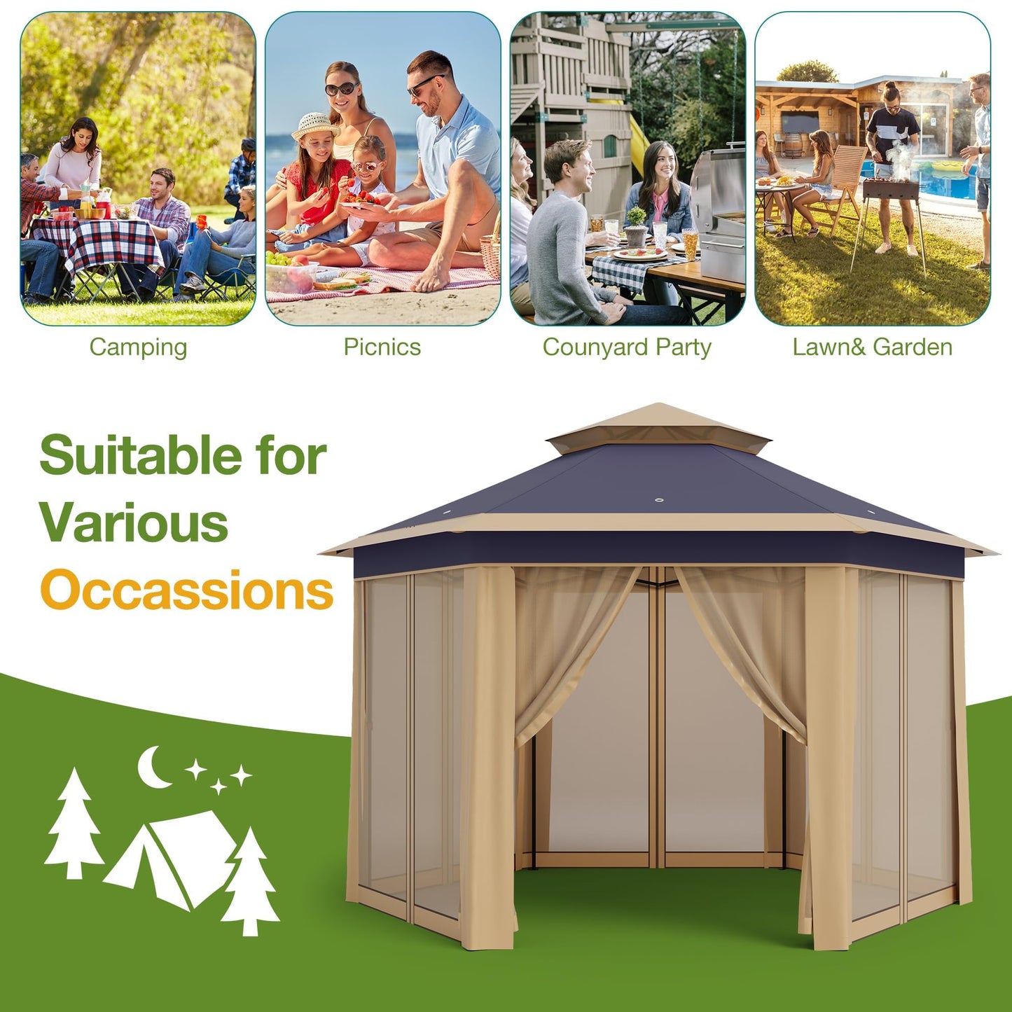 Pop Up Canopy Tent 13x13 Ft Instant Gazebo with Mosquito Netting Enclosure, Adjustable Outdoor Gazebo for Patio, Garden & Backyard Use with UV Protection & 3 Heights