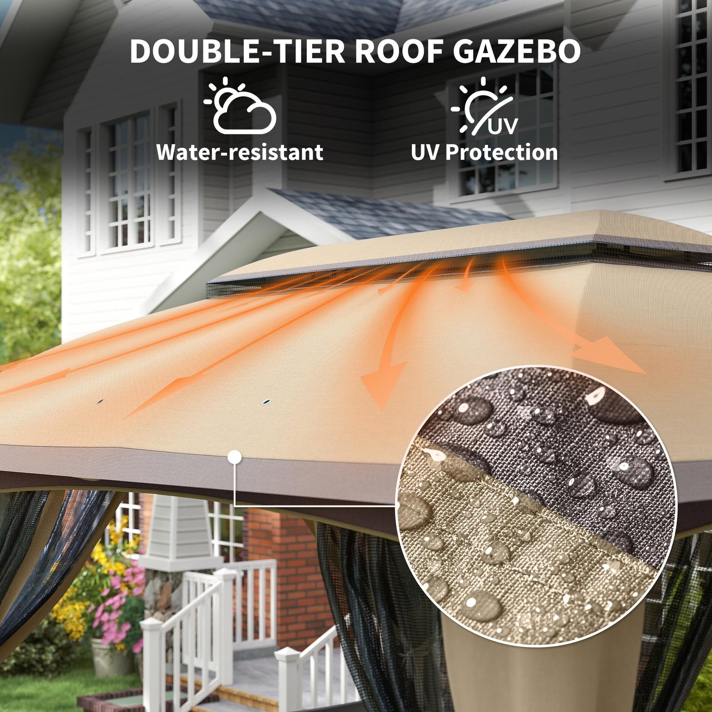 Outsunny 10' x 13' Patio Gazebo, Outdoor Gazebo Canopy Shelter with Netting, Vented Roof, Steel Frame for Garden, Lawn, Backyard, and Deck, Beige