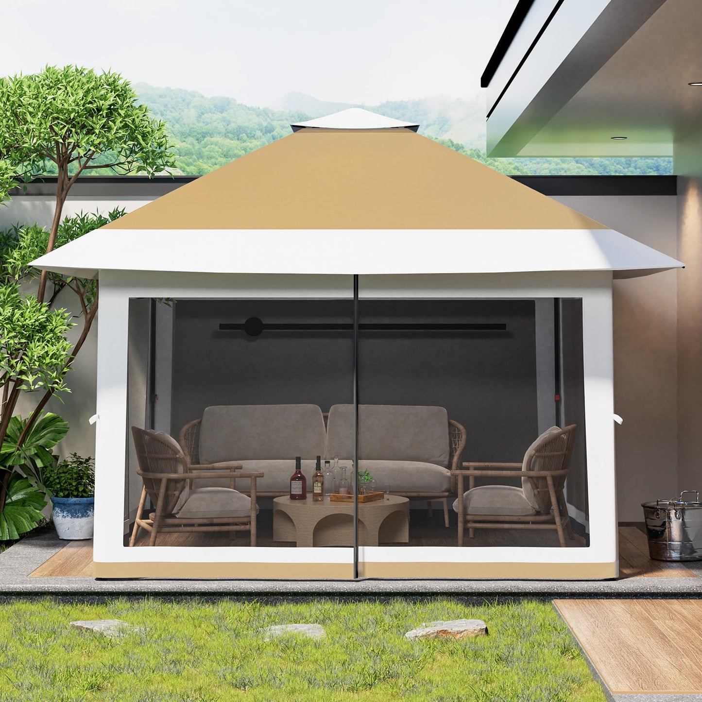 GarveeTech Pop Up Gazebo 12x12 ft Canopy Tent with Mosquito Netting, Outdoor Patio Gazebo with 3 Adjustable Heights, Tent Shelter Quick Setup Backyard Tent for Party,Wedding (Khaki)