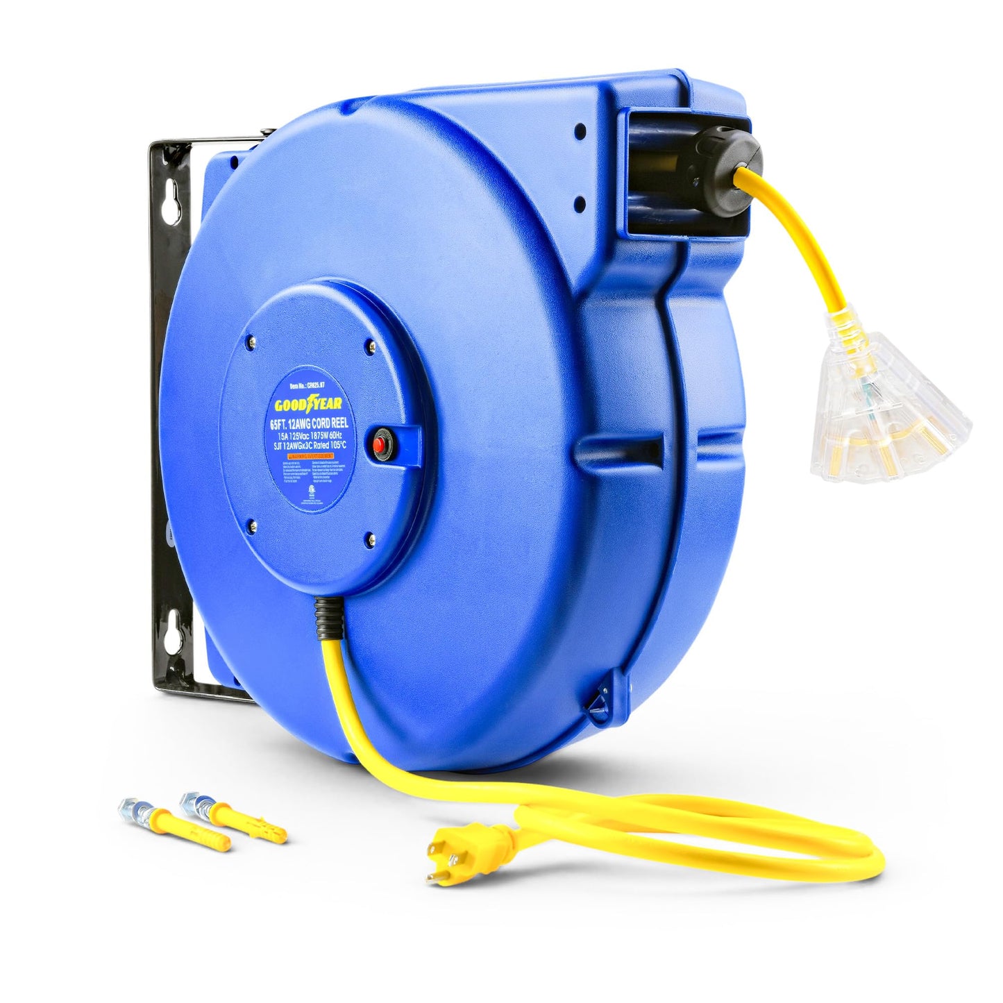 Goodyear Retractable Extension Cord Reel – Heavy-Duty Commercial Cable with Triple Tap Connector, Auto-Rewind & Wall/Ceiling Mountable (Enclosed, 12AWG x 65 ft)