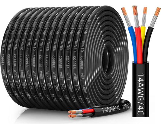 CONEPY 14 Gauge Wire 4 Conductor Electrical Wire, 14 AWG Tinned Copper Stranded PVC Cable, IP68 Waterproof/Flexible/Low Voltage Cord for Automotive, RV, Marine, Solar, LED Lighting(200FT)
